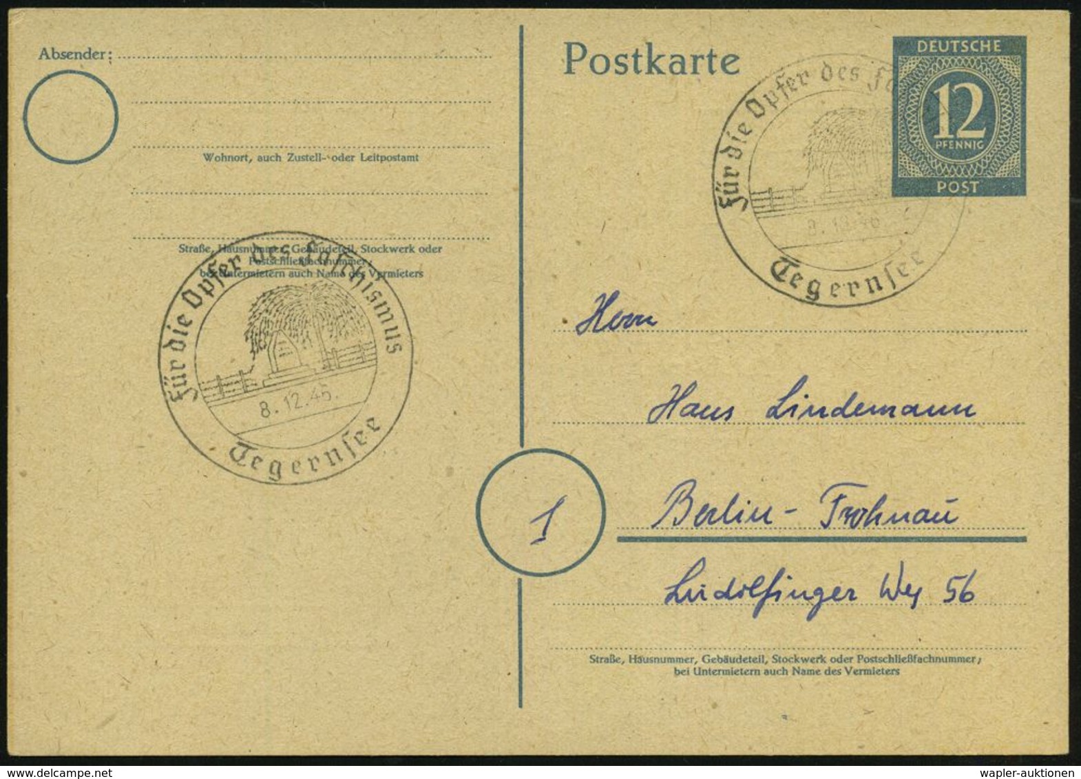 Tegernsee/ Für Die Opfer Des Faschismus 1946 (7.12.) Seltener SSt (Trauerweide, Gedenkstein, Stacheldraht) Auf Amtl. P 1 - Autres & Non Classés