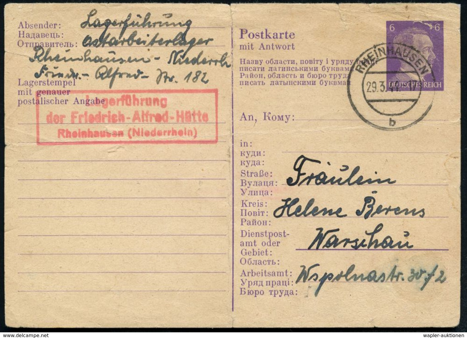 RHEINHAUSEN/ B 1944 (29.3.) 2K-Steg Auf Ostarbeiter-P 6 Pf. Hitler (Mittelbug, Ecken Gestützt, Riß) + Roter Ra.3: Lagerf - Sonstige & Ohne Zuordnung