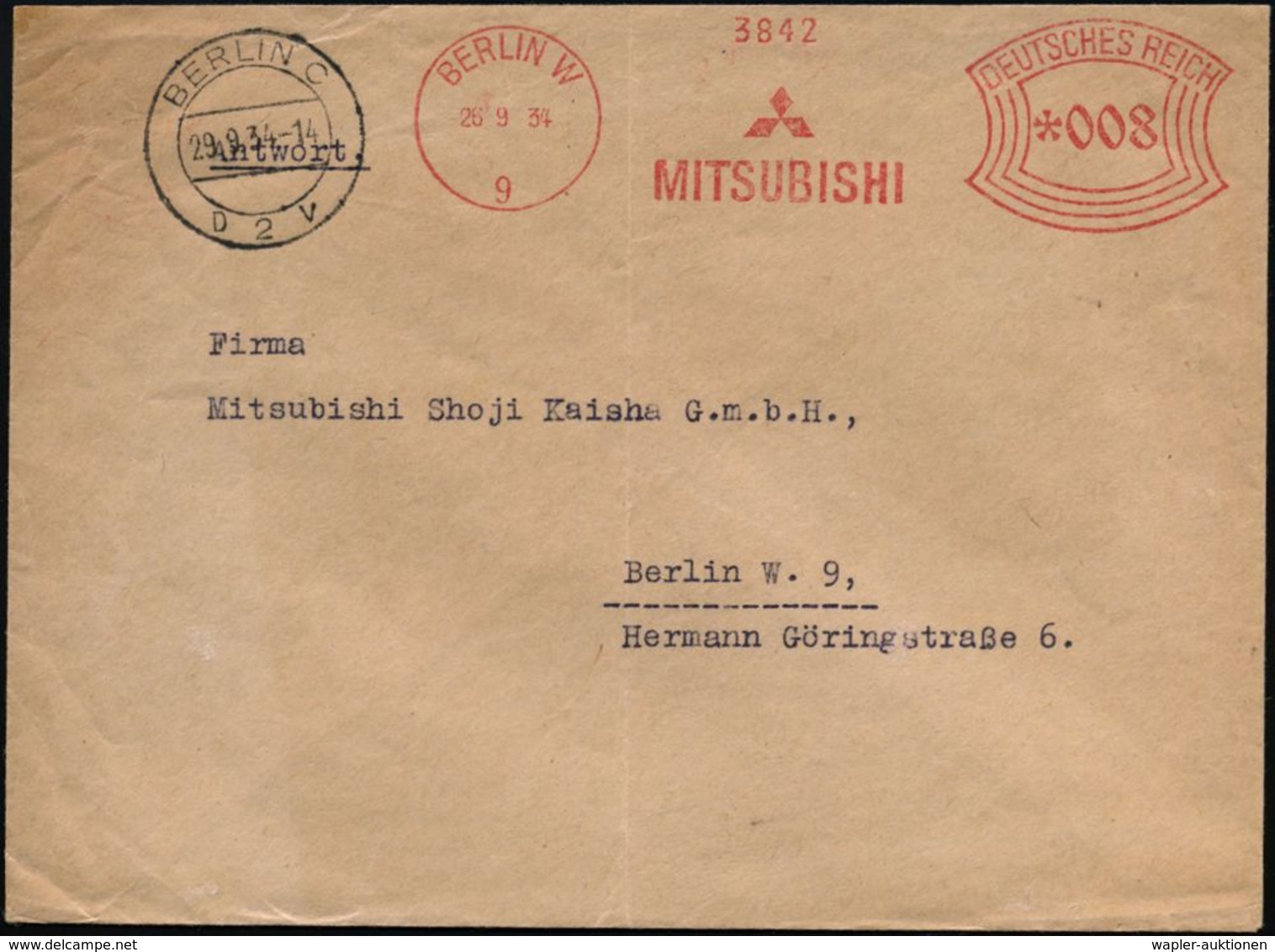 BERLIN W/ 9/ MITSUBISHI 1929 (25.7.) Seltener AFS-Typ 008 Pf. (Mitsubishi-Logo) = Japan. Automobil- U. Rüstungs-Konzern! - Autres & Non Classés