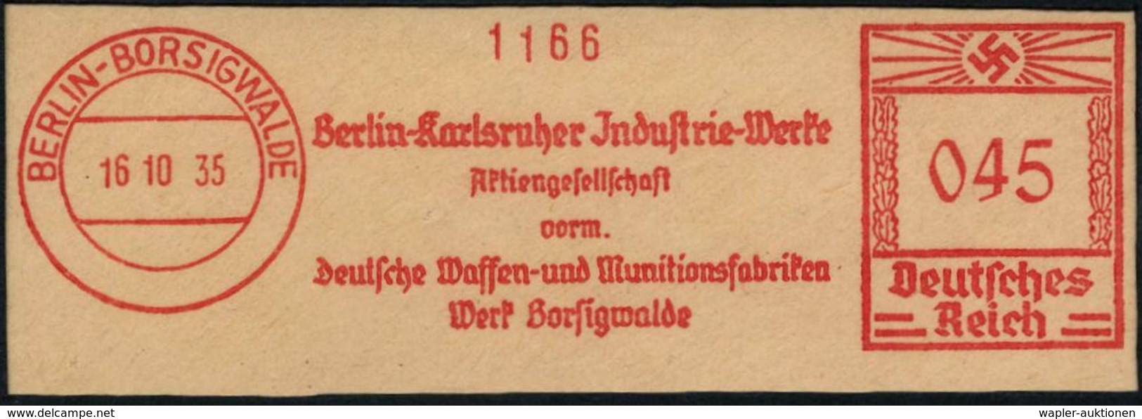 BERLIN-BORSIGWALDE/ Berlin-Karlsruher Jndustrie-Werke/ AG/ Vorm./ Deutsche Waffen- U.Munitions-fabriken.. 1935 (16.10.)  - Autres & Non Classés