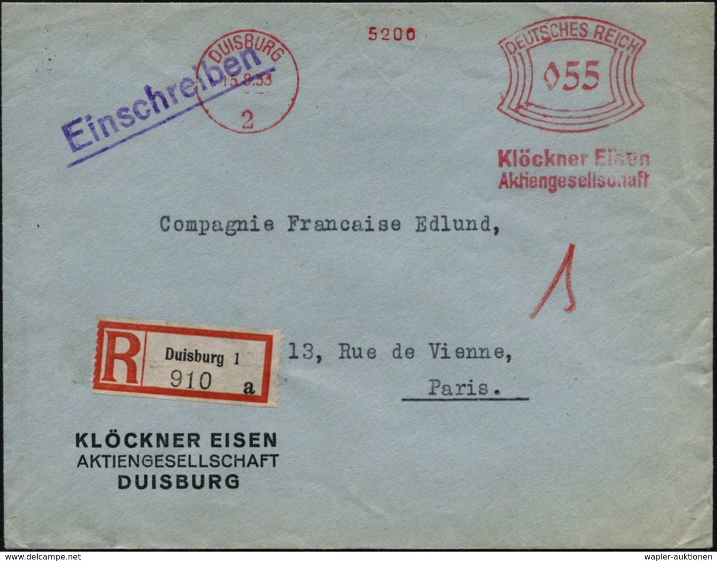 DUISBURG/ 2/ Klöckner Eisen/ AG 1933 (15.9.) AFS 055 Pf. + RZ: Duisburg 1 , Firmen-Bf.: KLÖCKNER EISEN AG = Hersteller L - Autres & Non Classés