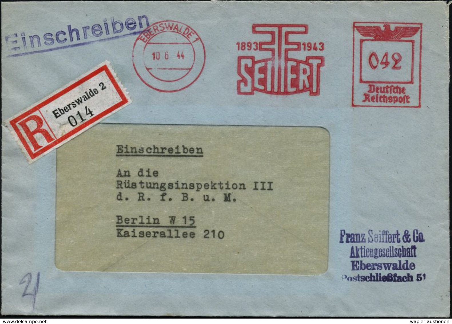 EBERSWALDE 1/ 1893 1943/ SEIFFERT 1944 (10.6.) Seltener Jubil.-AFS 042 + RZ: Eberswalde 2 + Viol. Abs.-4L, Fern-R-Bf. (D - Autres & Non Classés