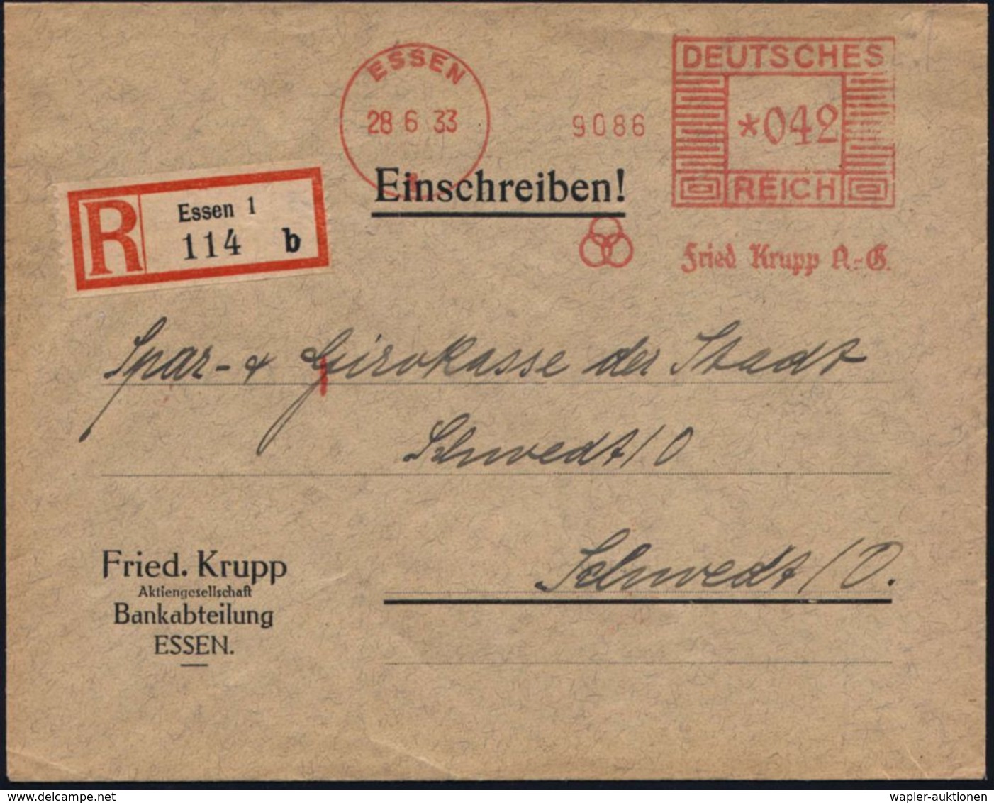 ESSEN/ 1/ Fried. Krupp A.-G. 1933 (28.6.) AFS 042 Pf. (Logo = 3 Ringe) + RZ: Essen 1/b , Firmen-Bf.: Fried. Krupp AG Ban - Autres & Non Classés