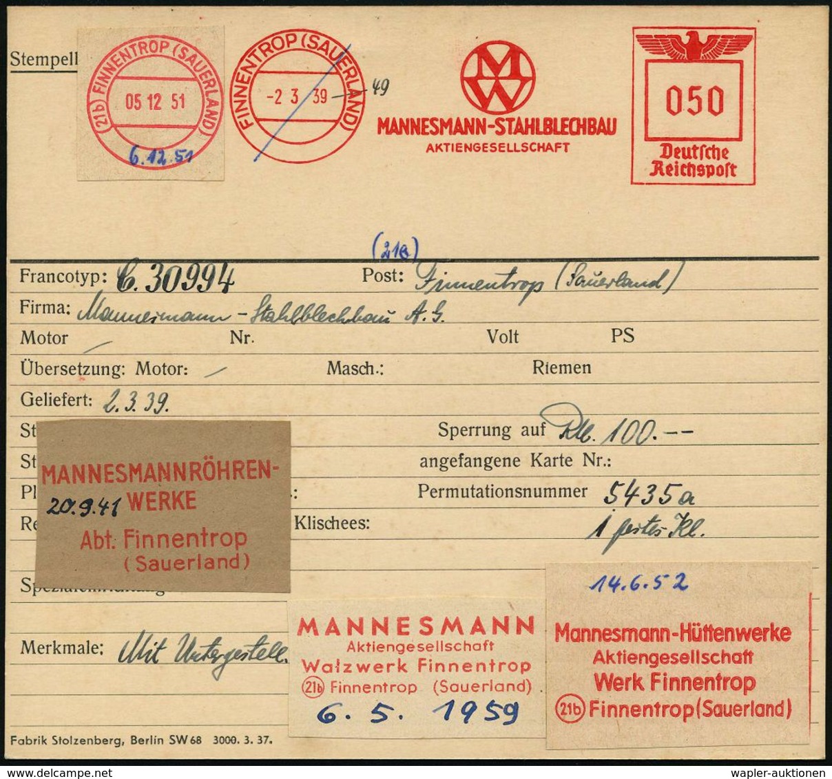 FINNENTROP (SAUERLAND)/ MW/ MANNESMANN-STAHLBLECHBAU/ AG 1939 (2.3.) AFS 050 Pf. Francotyp-Archiv-muster "Reichsadler" ( - Autres & Non Classés