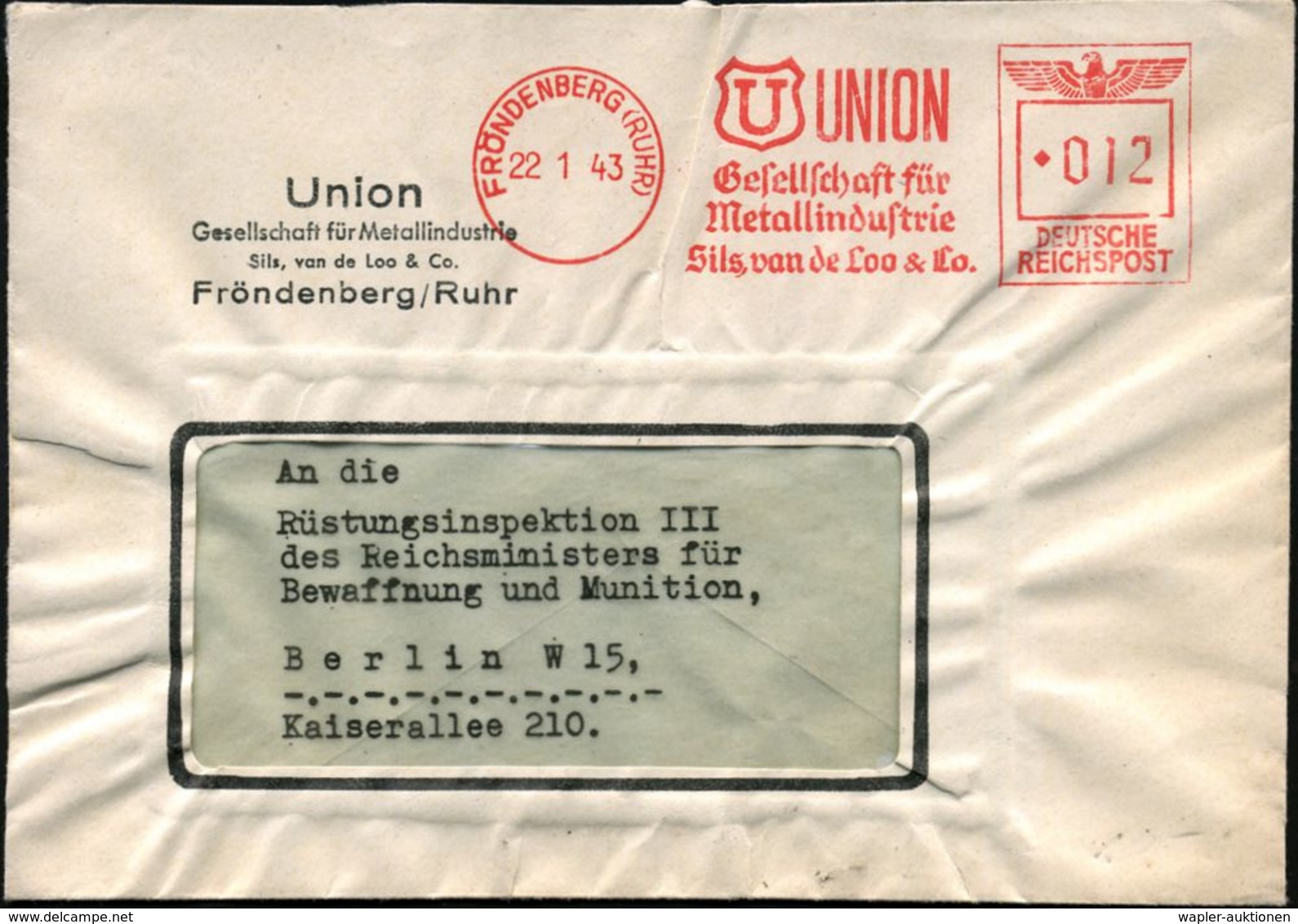 FRÖNDENBERG (RUHR)/ UNION/ Gesellschaft Für/ Metallindustrie/ Sils,van De Loo & Co 1943 (22.1.) Seltener AFS-Typ "Antiqu - Otros & Sin Clasificación