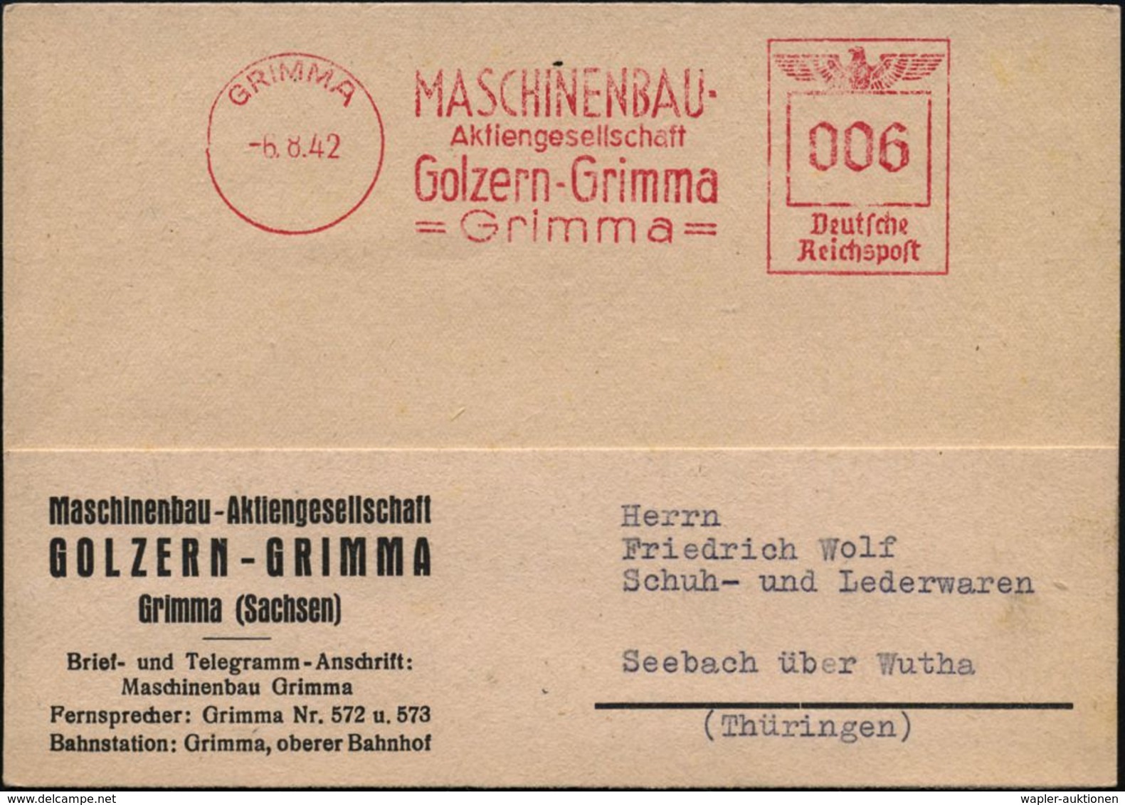 GRIMMA/ MASCHINENBAU-/ AG/ Golzern-Grimma.. 1942 (6.8.) AFS Klar Auf Firmen-Kt. (Dü.E-5BGo) - Minnesänger & Rolandslied  - Autres & Non Classés