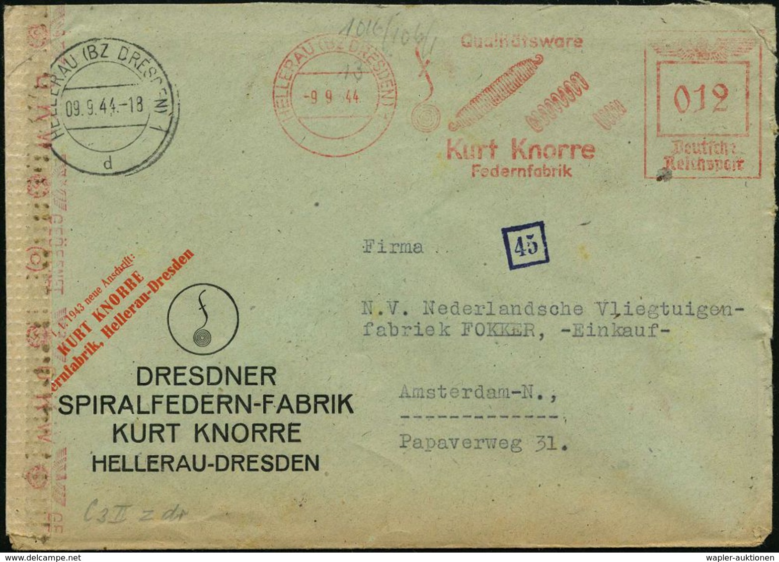 HELLERAU (BZ DRESDEN) 1/ Qualitätsware/ Kurt Knorre/ Federnfabrik 1944 (9.9.) AFS 012 Pf. = Diverse Flugzeug- U. Kfz.-Fe - Autres & Non Classés