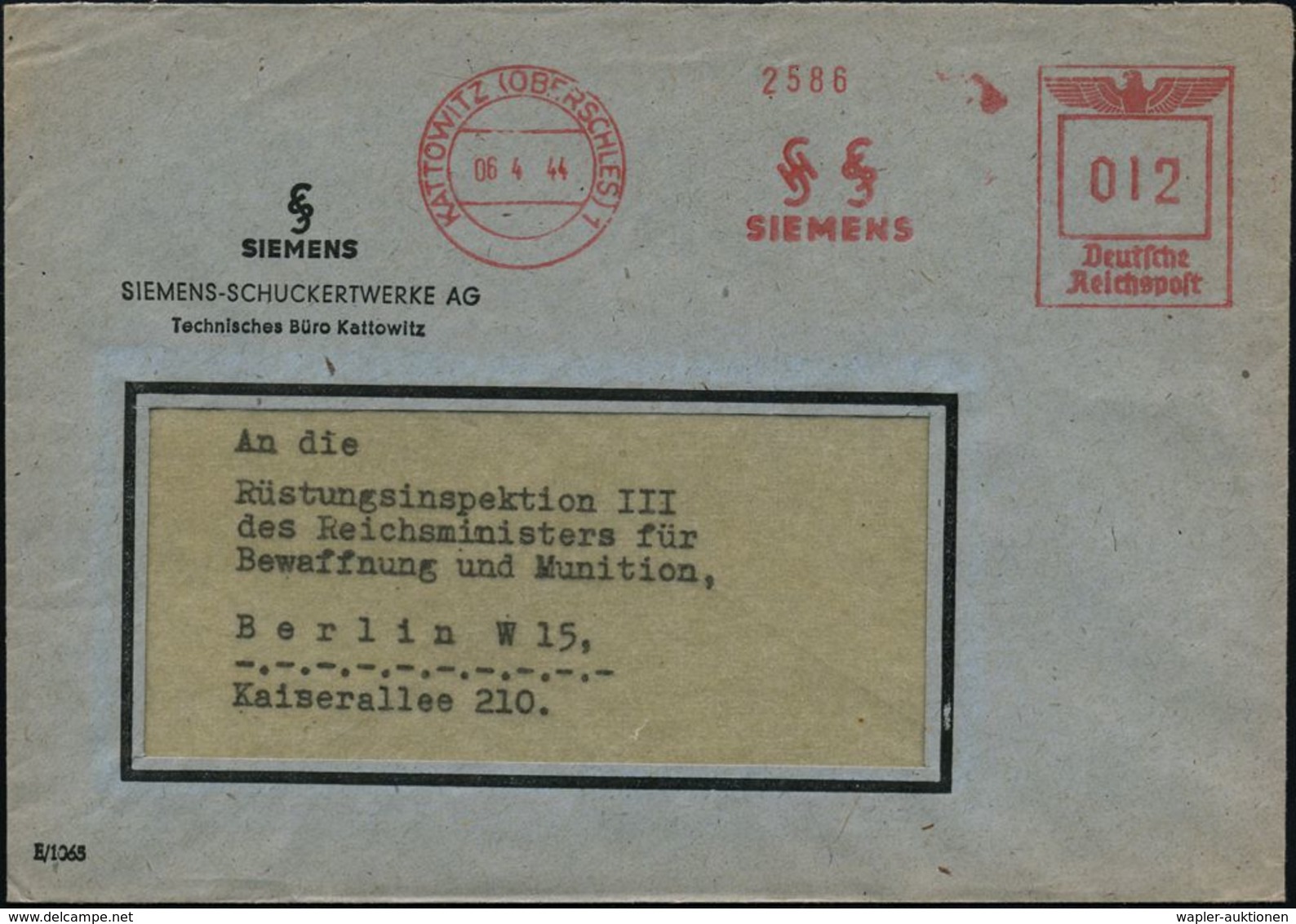 KATTOWITZ (OBERSCHLES) 1/ SH/ SS/ SIEMENS 1944 (6.4.) AFS (Monogr.-Logo) Firmen-Bf.: SIEMENS-SCHUCKERTWERKE AG/ Techn. B - Autres & Non Classés