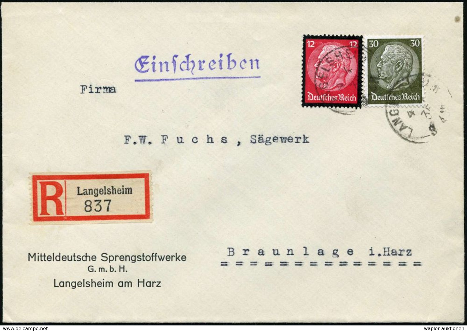 LANGELSHEIM 1935 (4.4.) Kleiner 1K 2x Auf Firmen-Bf.: Mitteldeutsche Sprengstoffwerke GmbH + RZ: Langelsheim, Inl.-R-Bf. - Sonstige & Ohne Zuordnung
