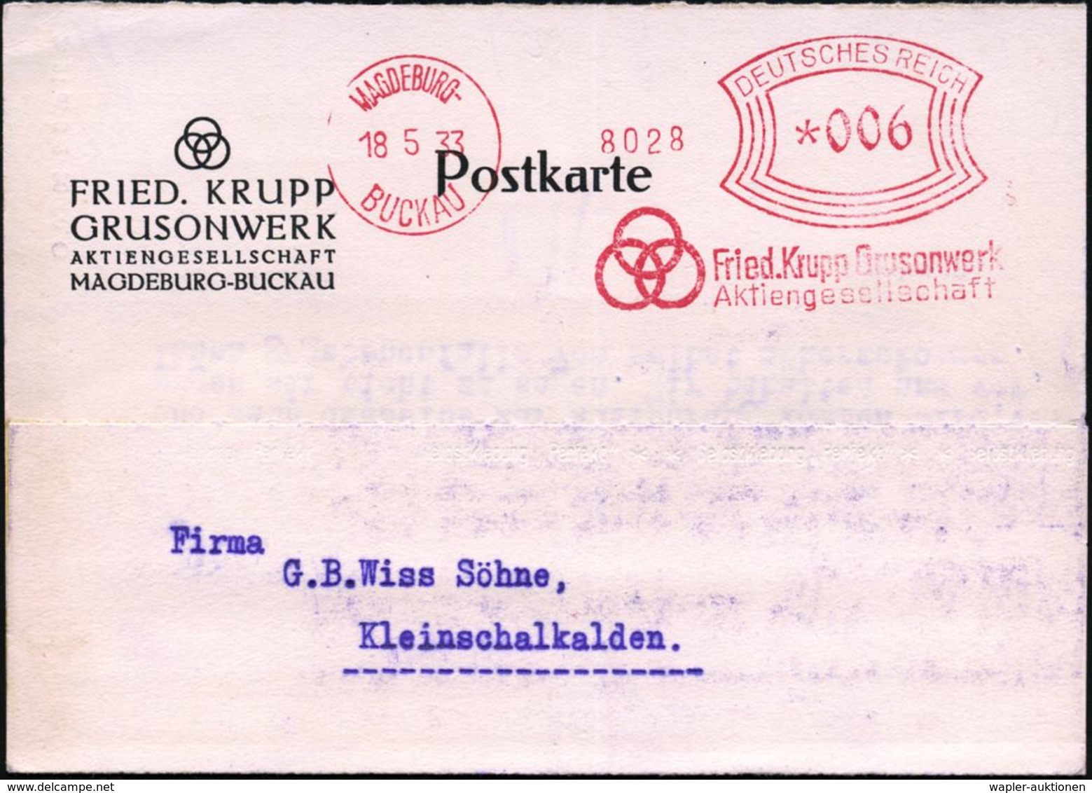 MAGDEBURG-/ BUCKAU/ Friedr.Krupp Grusonwerk/ AG 1934 (24.5.) AFS (Firmen-Logo: 3 Ringe) Motivgl. Firmenkt., Gruson-Paten - Autres & Non Classés