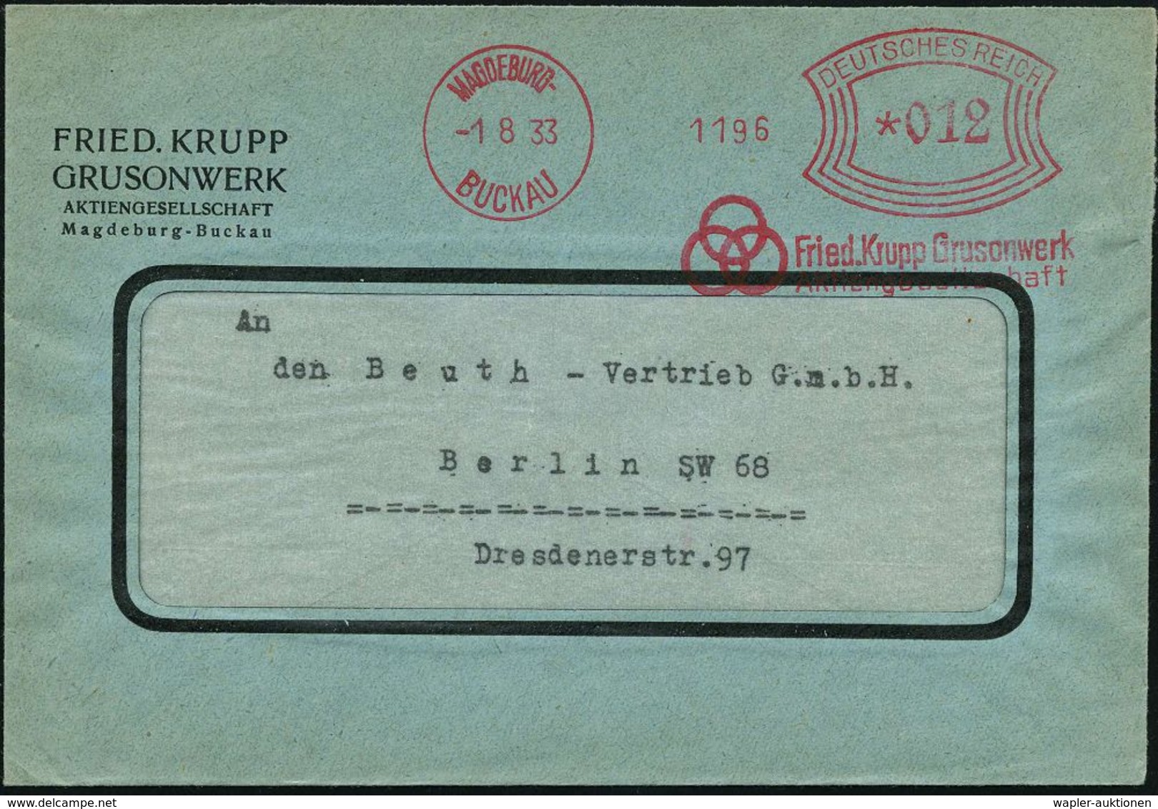 MAGDEBURG-/ BUCKAU/ Fried.Krupp Grusonwerk/ AG 1933 (1.8.) AFS (Firmen-Logo: 3 Ringe) Firmen-Bf. = Herstellung Von Stahl - Autres & Non Classés