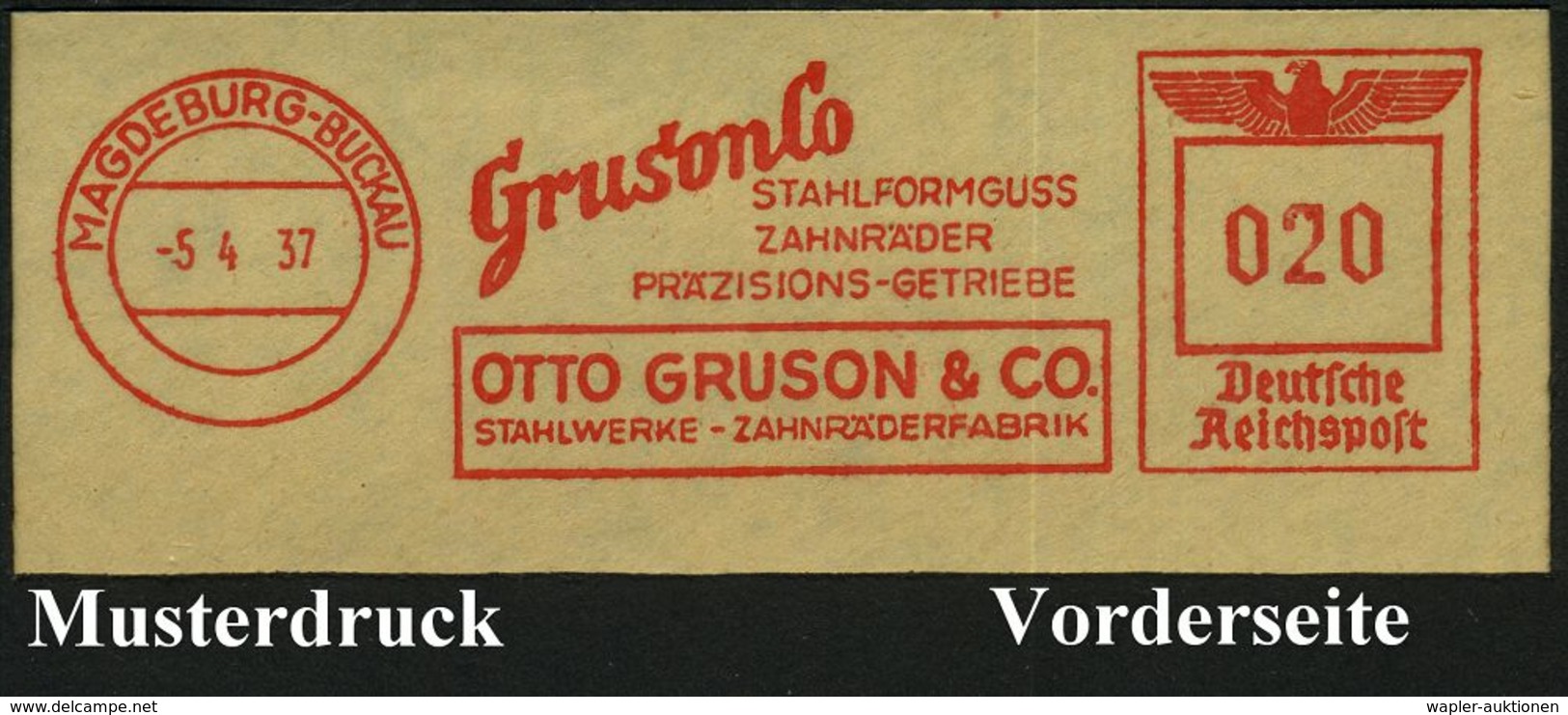 MAGDEBURG-BUCKAU/ GrunonCo/ STAHLFORMGUSS..OTTO GRUSON & CO.. 1937 (5.4.) AFS, Reichspost-Archivmuster "Reichsadler" Mit - Sonstige & Ohne Zuordnung