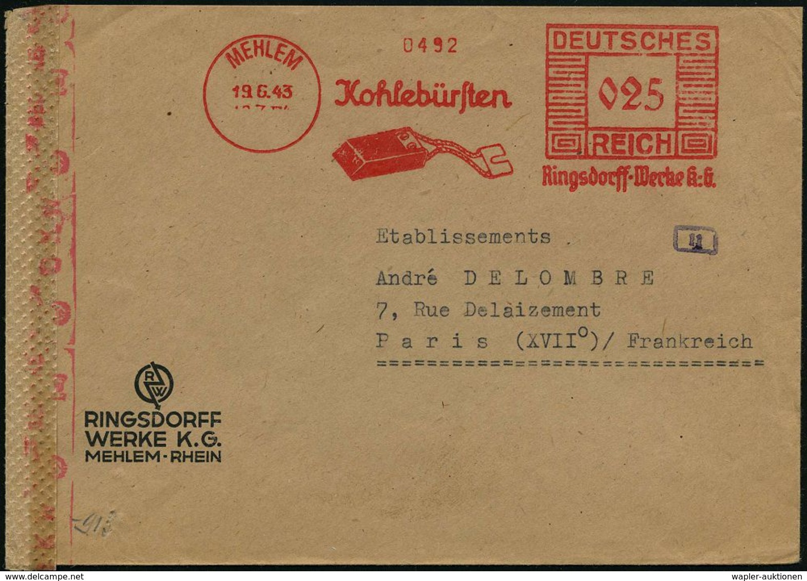 MEHLEM/ Kohlebürsten/ Ringsdorff-Werke KG. 1943 (19.6.) AFS 025 Pf. (Kohlebürste) Auf Firmen-Bf. + 2K: MEHLEM + Roter OK - Autres & Non Classés