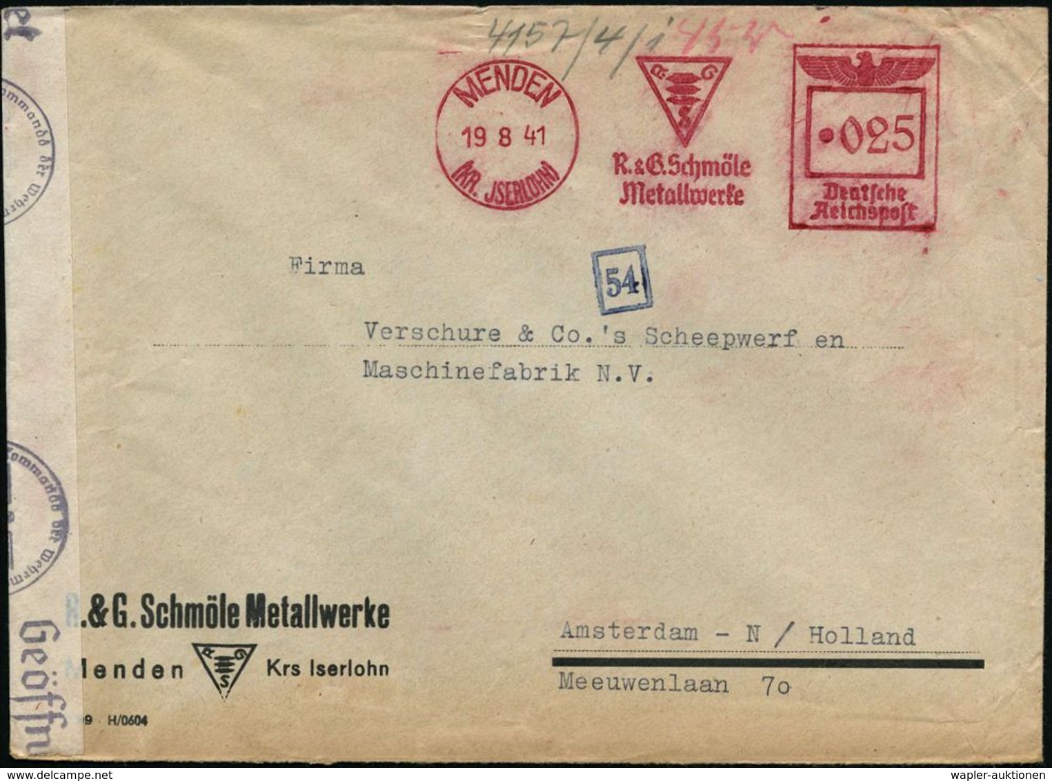 MENDEN/ (KR.JSERLOHN)/ R.& G.Schmöle/ Metallwerke 1941 (19.8.) AFS 025 Pf. (Monogr.-Logo) Motivgl. Firmen-Bf. + OKW-Zens - Autres & Non Classés