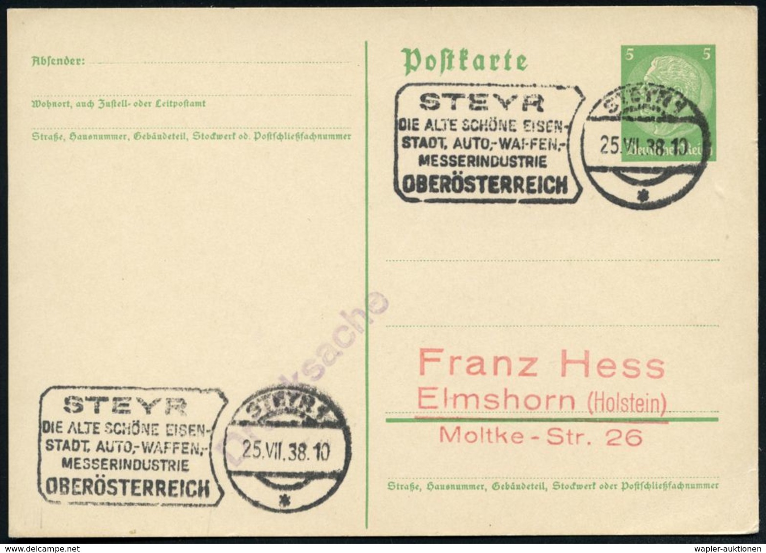 STEYR 1/ */ DIE..EISEN-/ STADT,AUTO-,WAFFEN-,/ MESSERINDUSTRIE 1938 (25.7.) Seltener, österr. FaWSt Weiterverwendet = St - Autres & Non Classés