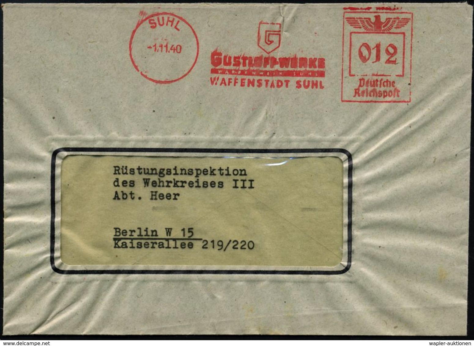 SUHL/ G/ GUSTLOFF-WERKE/ WAFFENWERK SUHL.. 1941 (21.1.) Seltener AFS = Monogramm-Logo "G" (leichte Knitter Durch Folienf - Autres & Non Classés
