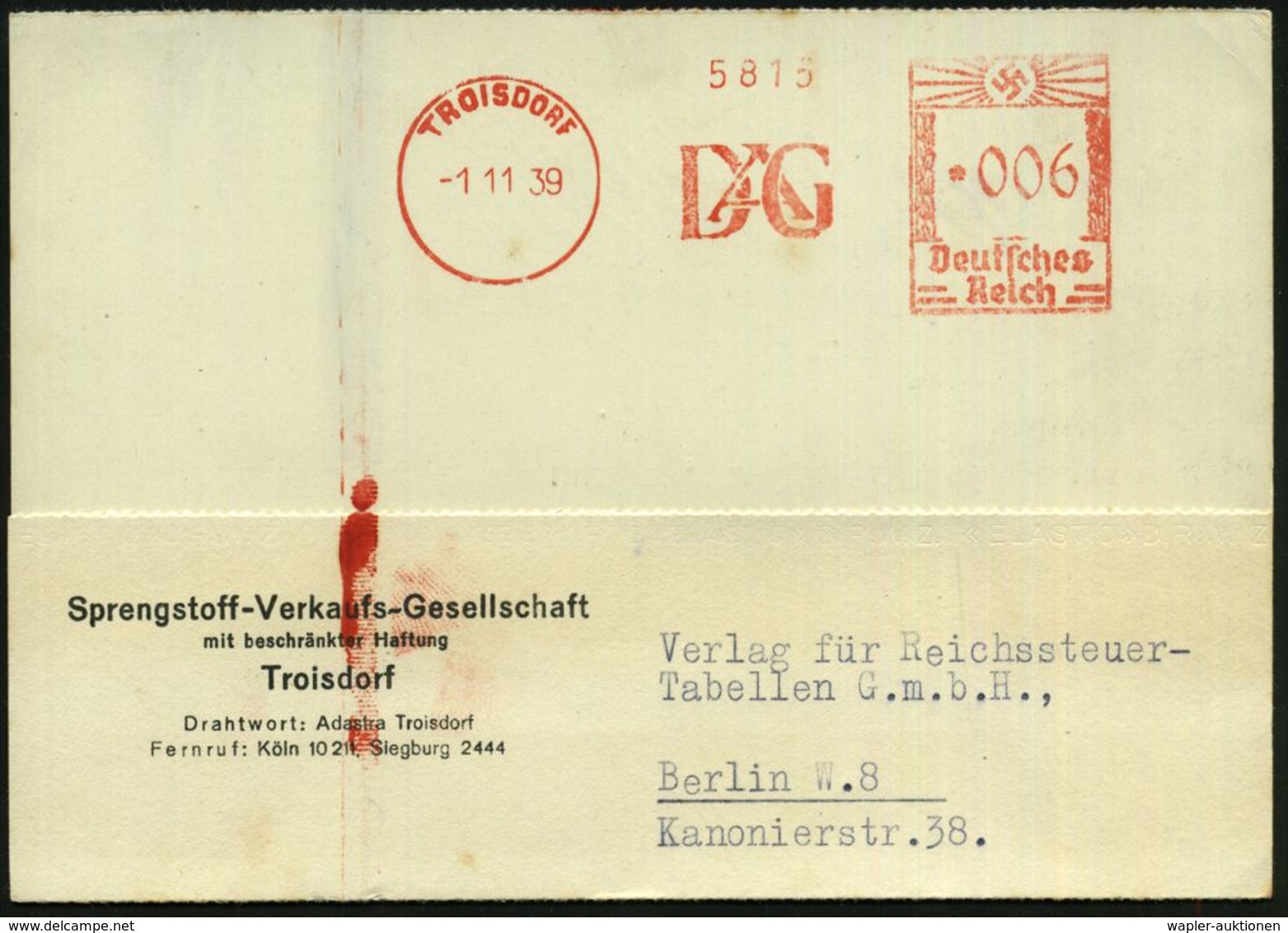 TROISDORF/ D A G 1939 (1.11.) AFS = D Yamit-Actien-Ges. Vormals Alfred Nobel , Klar Gest. Firmen-Vordr.Kt. (links Farbre - Autres & Non Classés