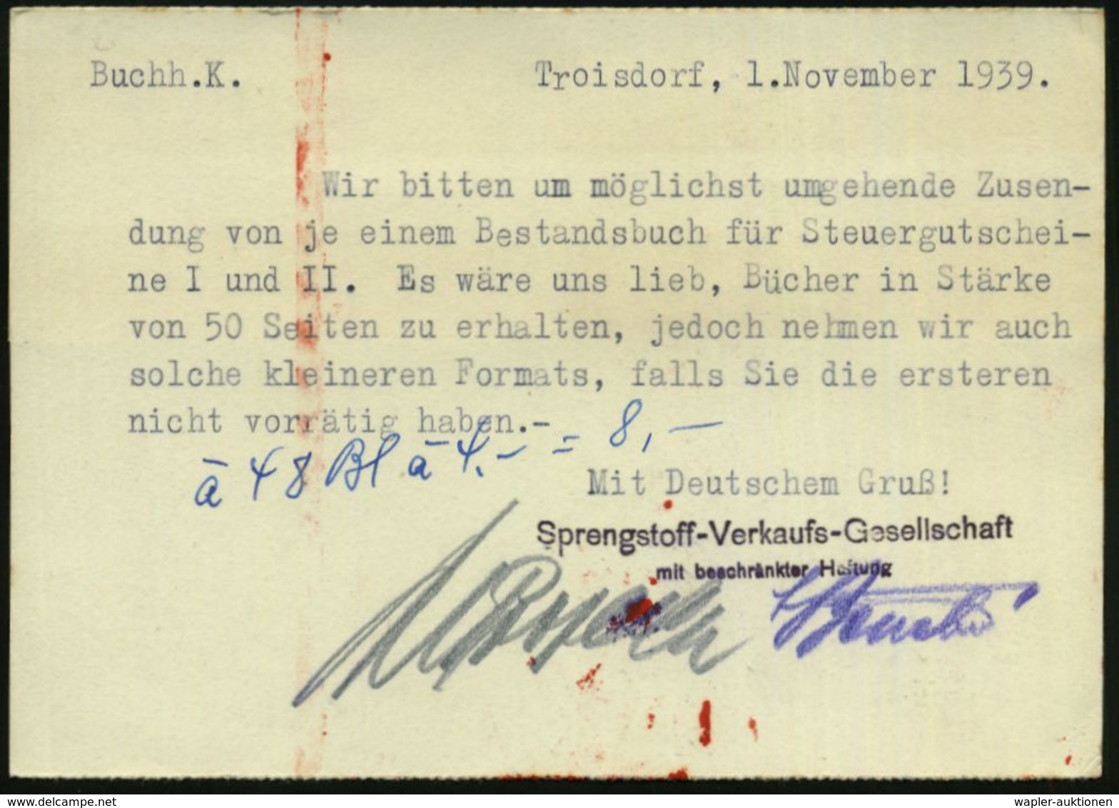 TROISDORF/ D A G 1939 (1.11.) AFS = D Yamit-Actien-Ges. Vormals Alfred Nobel , Klar Gest. Firmen-Vordr.Kt. (links Farbre - Autres & Non Classés