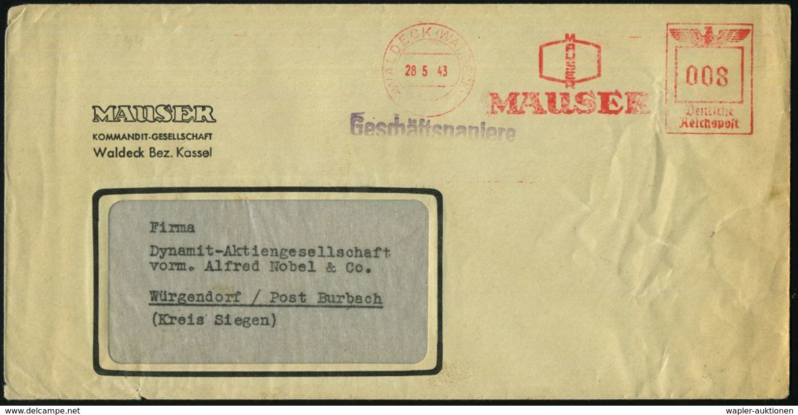 WALDECK (WALDECK)/ MAUSER 1943 (28.5.) AFS (Firmenlogo) Kriegsbedingt Teils Etw. Abgenutzt, Firmen-Bf.: MAUSER KG = Hers - Autres & Non Classés