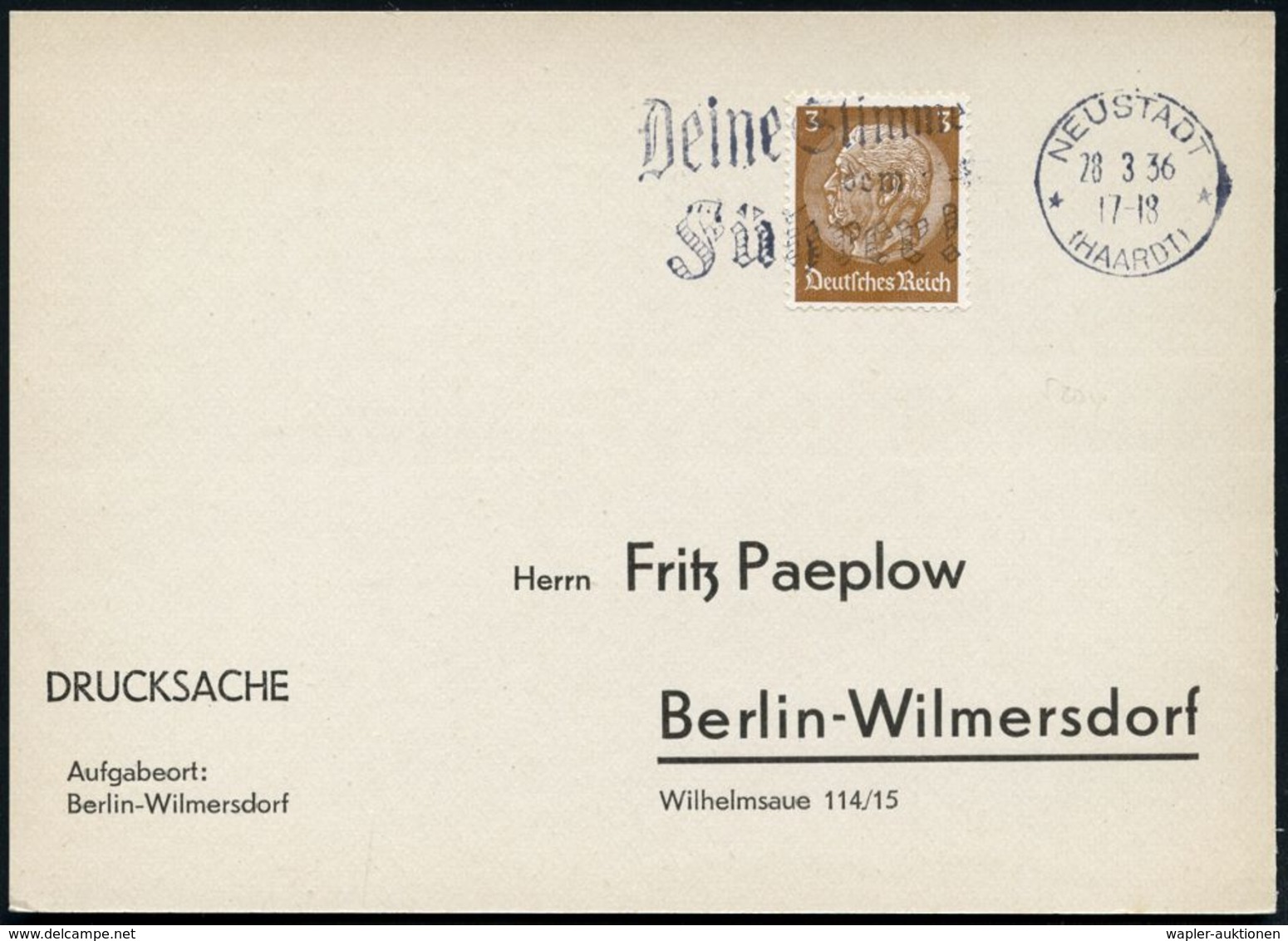 NEUSTADT/ *(HAARDT)*/ Deine Stimme/ Dem/ Führer! 1936 (28.3.) Seltener MWSt = Abstimmung über Die Besetzung Des Entmilit - Autres & Non Classés