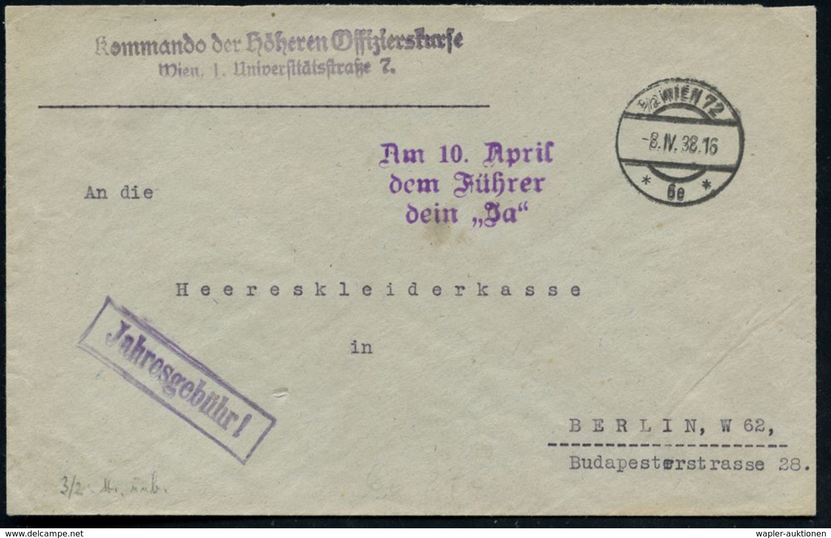 9/2 WIEN 72/ *6e* 1938 (8.4.) österr. 1K-Brücke + Viol., Amtl. 3L: Am 10. April/dem Führer/dein "Ja" (Bo.S 278) + Abs.-2 - Autres & Non Classés