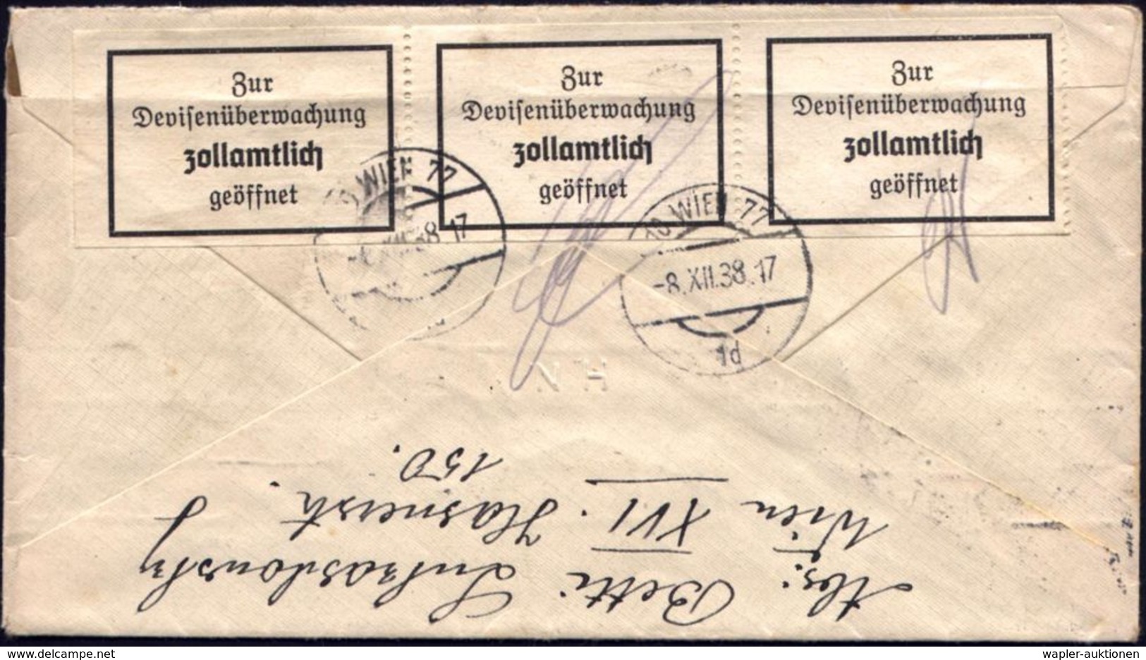 10 WIEN 77/ 1d 1938 (8.12.) österr. 1K-Steg, Rs. Auf Devisen-Zensurzettel: Zur/Devisenüberwachung/..geöffnet (rs.) = Deu - Otros & Sin Clasificación