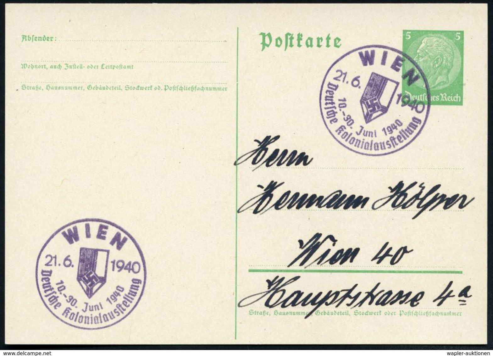 WIEN/ 10.-30.Juni/ Deutsche Kolonialausstellung 1940 (21.6.) Violetter SSt = NS-Kolonialflagge , Klar Gest. Inl.-Kt. (Bo - Otros & Sin Clasificación