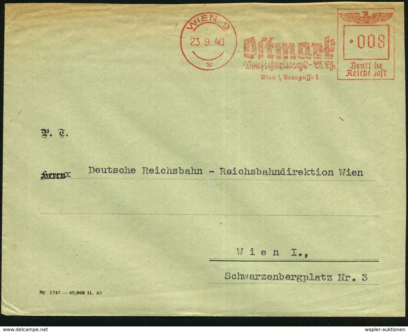 WIEN 9/ */ Ostmark/ Versicherungs-AG.. 1940 (23.9.) Aptierter, österr. AFS Mit Altem Ortsstempel + Stern , Teils Sütterl - Autres & Non Classés