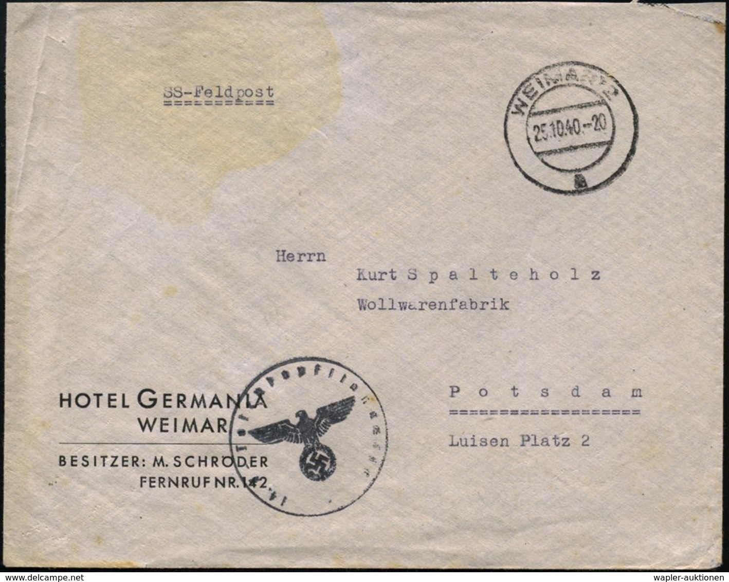 WEIMAR 2/ A 1940 (25.10.) 2K + Schw. HdN: 14. / - S S - T O T E N K O P F S T A N D A R T E , Firmen-Bf.: HOTEL GERMANIA - Guerre Mondiale (Seconde)