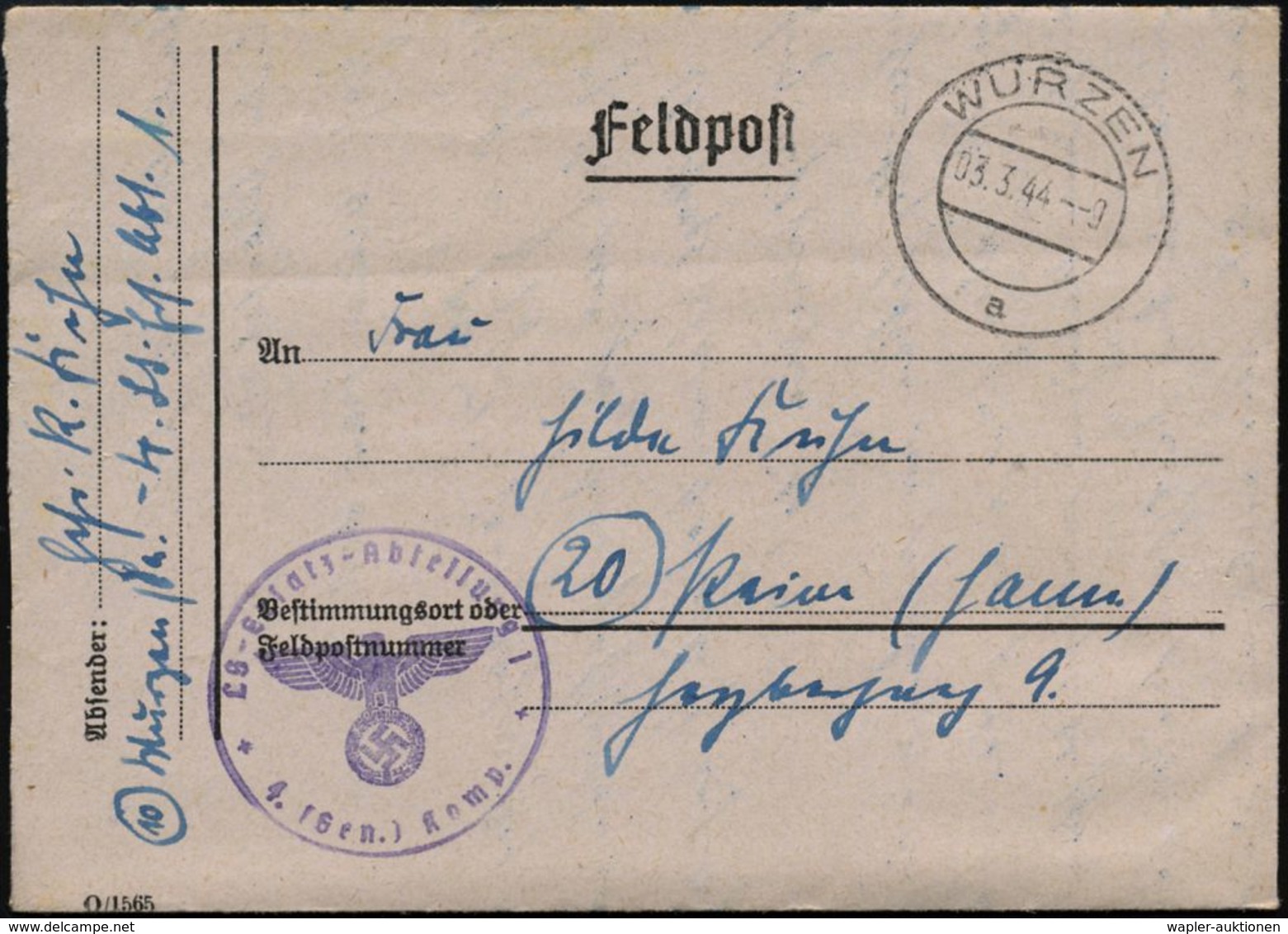 WURZEN/ A 1944 (3.3.) 2K-Steg + Viol. 1K-HdN: LS-Ersatz-Abteilung 1/4. (Gen.) Komp. = L Uft-Schutz + Hs. Abs., Klar Gest - Guerre Mondiale (Seconde)