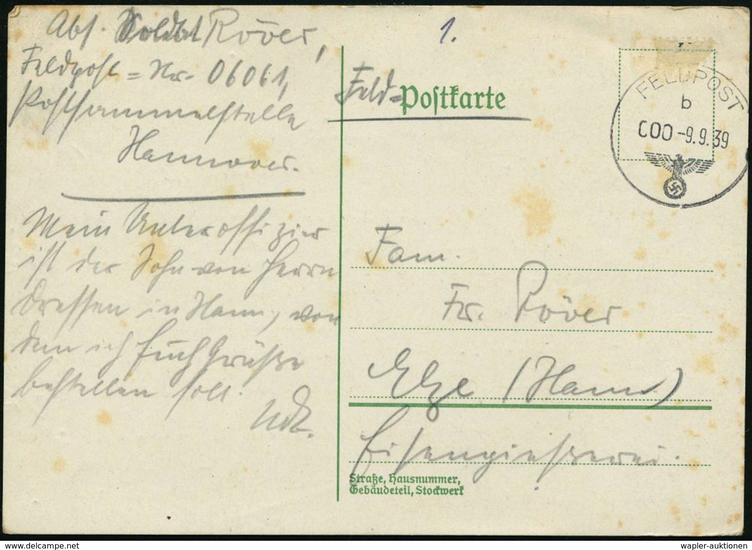 DEUTSCHES REICH 1939 (9.9.) 1K: FELDPOST/b/000 , Taktische Nr. Null + Hs. Abs.: Fp.-Nr. 06061 (Fp.-Sammelstelle Hannover - Guerre Mondiale (Seconde)