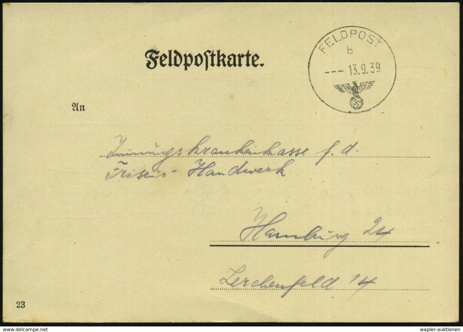 DEUTSCHES REICH 1939 (13.9.) 1K: FELDPOST/b/--- + Rs. 1L: Postsammelstelle, Hs. "Hamburg" , Klar Gest. Feldpost-Benachri - Guerre Mondiale (Seconde)