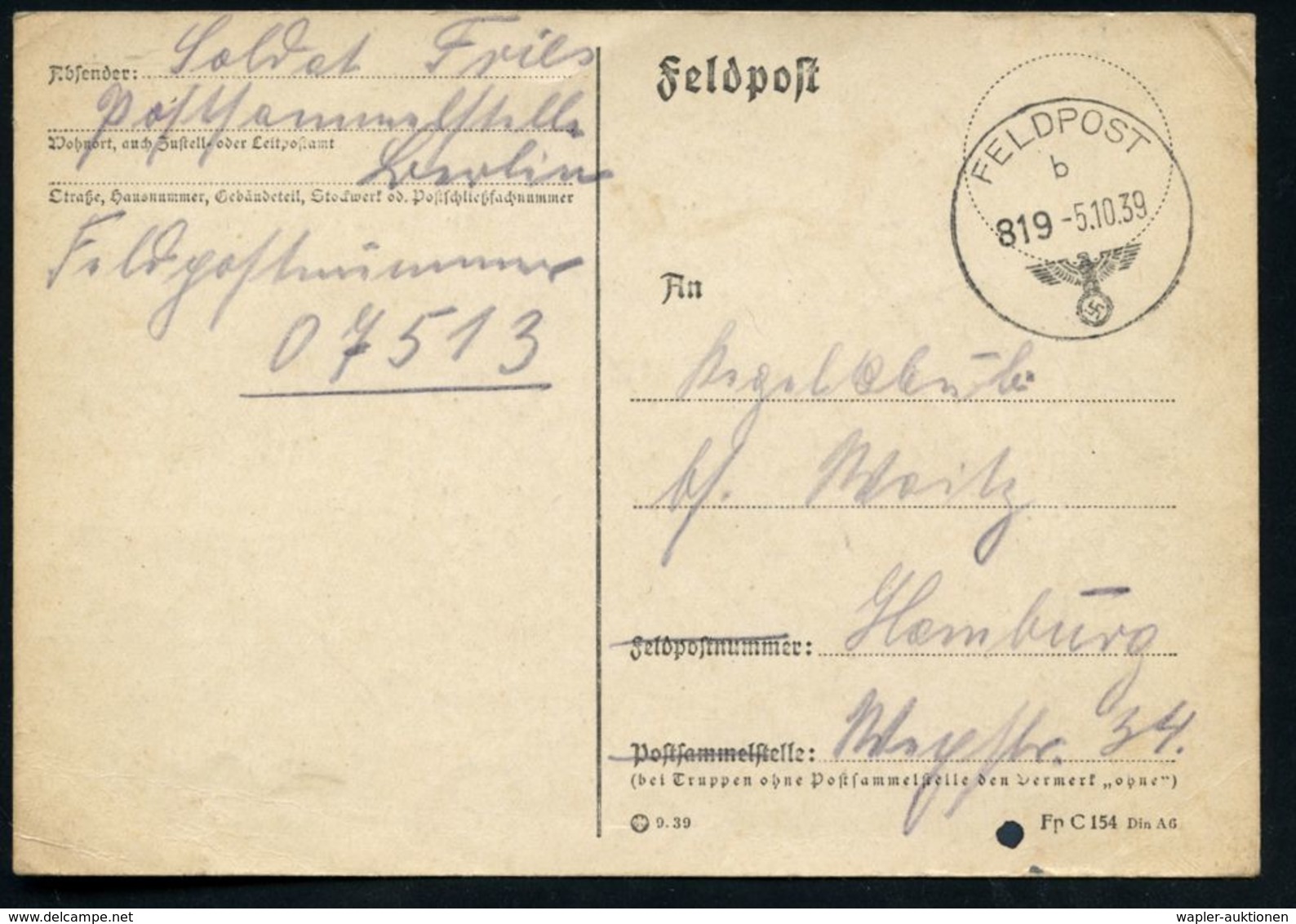 DEUTSCHES REICH 1939 (5.10.) 1K Mit Taktischer Nr.: FELDPOST/b/ 8 1 9  (Mi.62, + 20.- EUR, 2009) + Hs. Fp.-Nr.: "07513"  - Guerre Mondiale (Seconde)