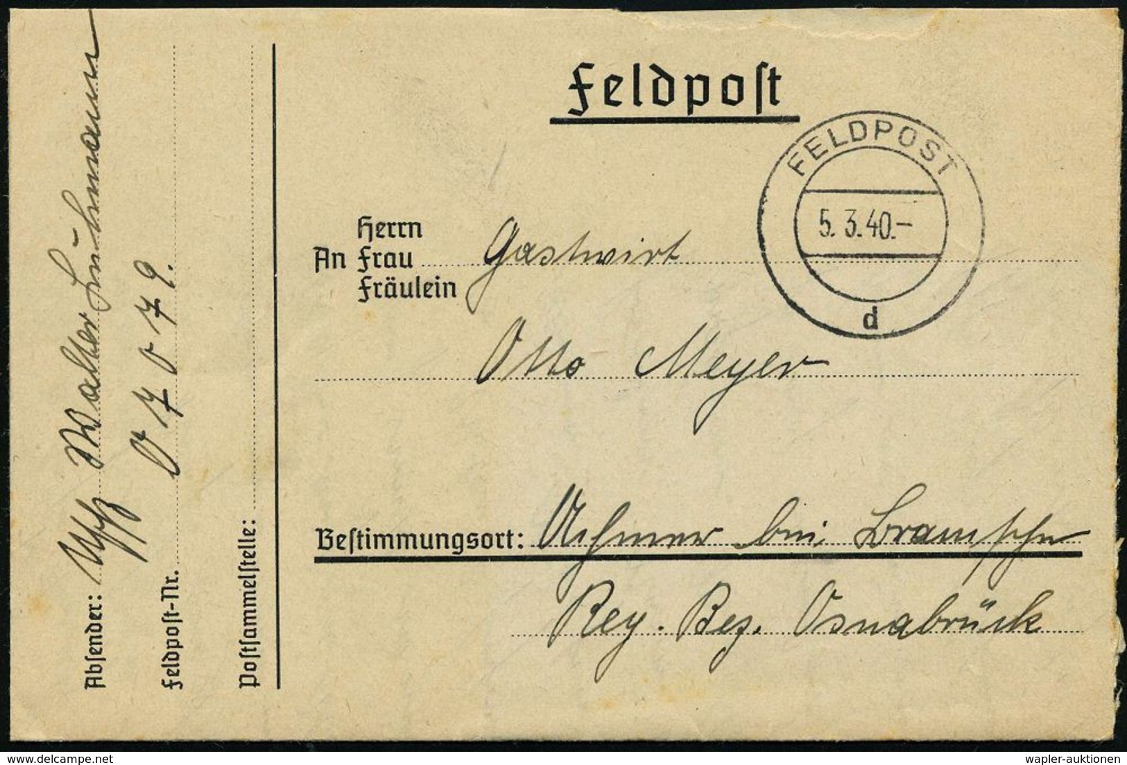 DEUTSCHES REICH 1940 (5.3.) 2K: FELDPOST/d + Rs. Viol. 1L: Feldpostnummer 07059 = Pio. Btl. 16 , Klar Gest. Feldpost-Fal - Guerre Mondiale (Seconde)