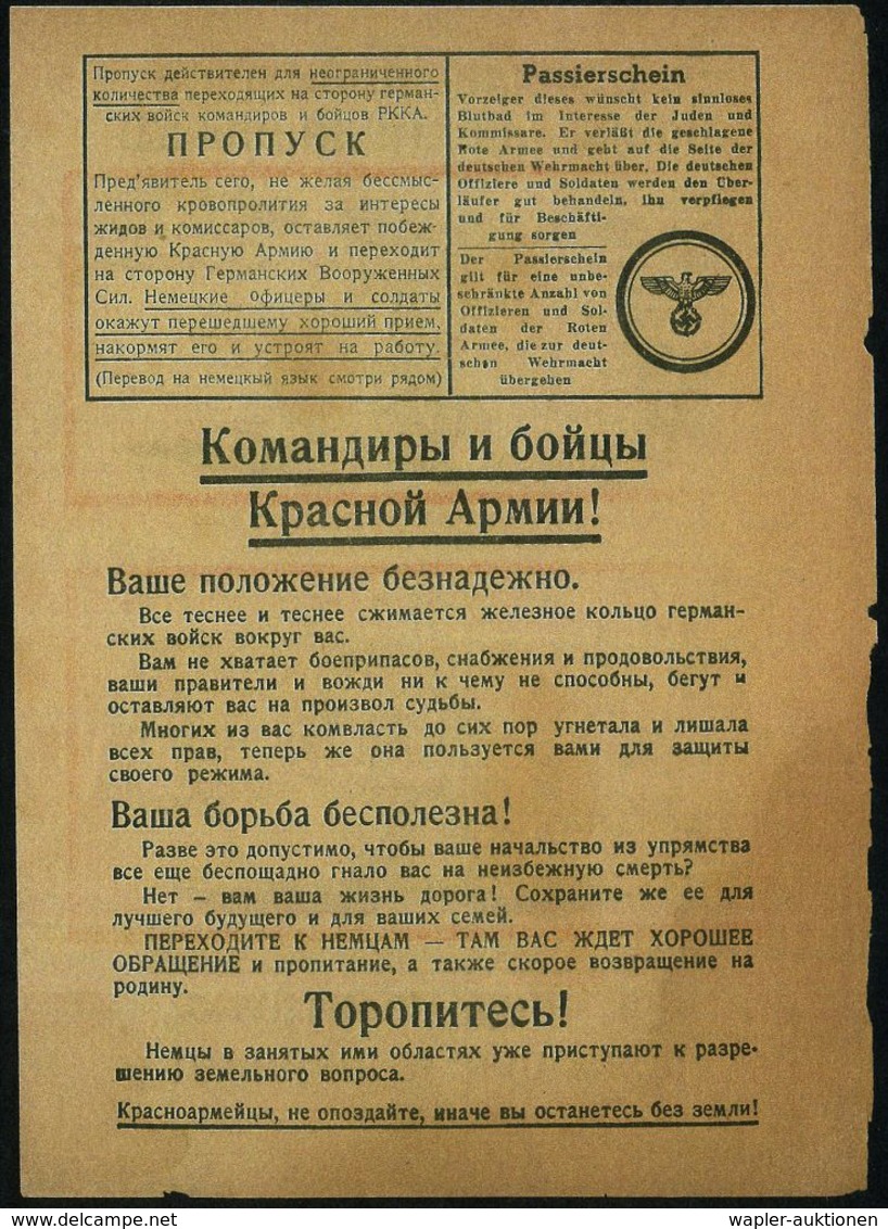 DEUTSCHES REICH /  UdSSR 1941 Deutsches Propaganda-Flugblatt Deutsch-kyrill.: Passierschein/Vorzeiger Dieses Wünscht Kei - Guerre Mondiale (Seconde)