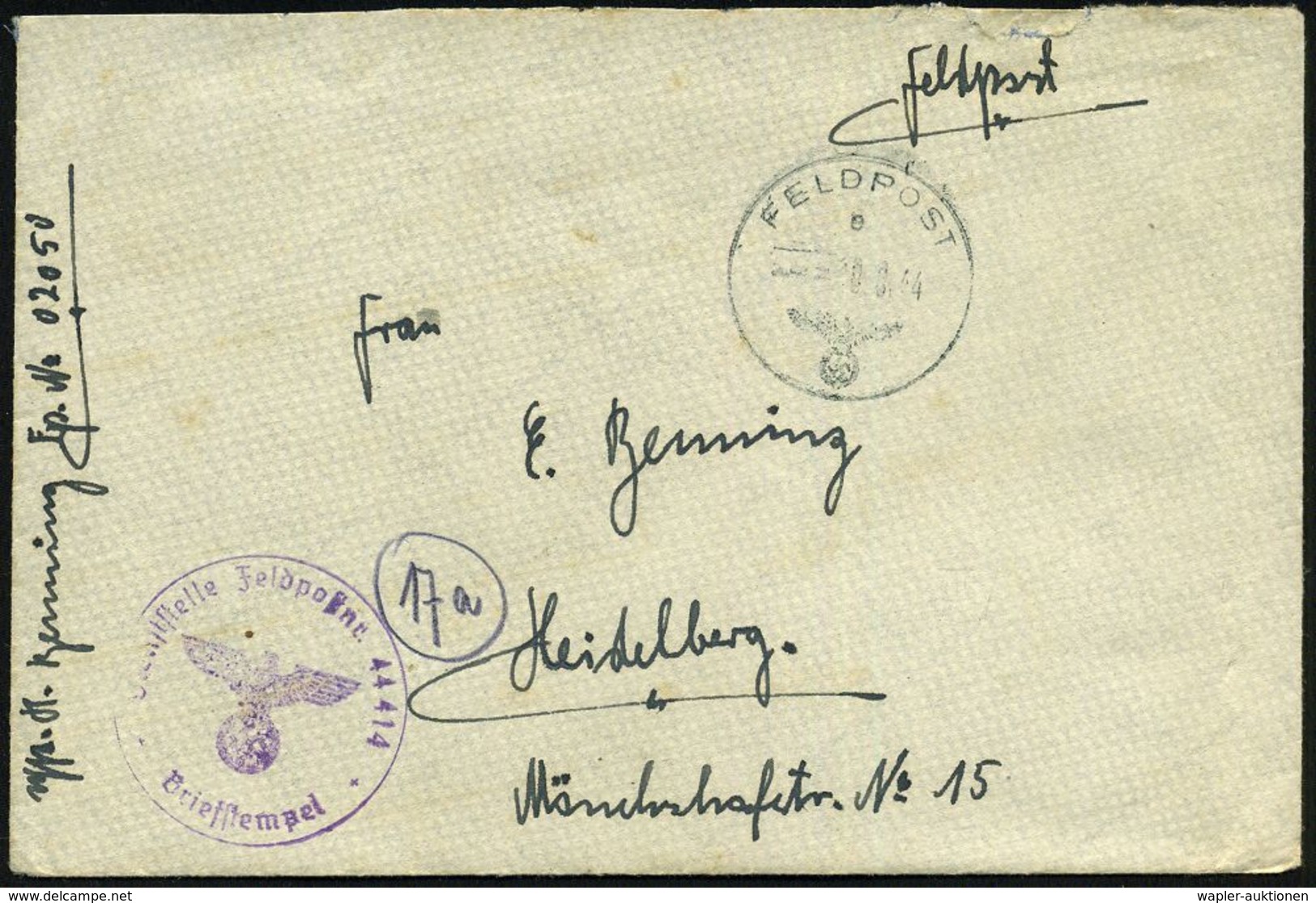 DEUTSCHES REICH 1944 (16.8.) 1K: FELDPOST/b/--- + Viol. 1K-HdN: Feldpostnr. 44 414 = Sonderverband "Brandenburg" = Verba - Guerre Mondiale (Seconde)