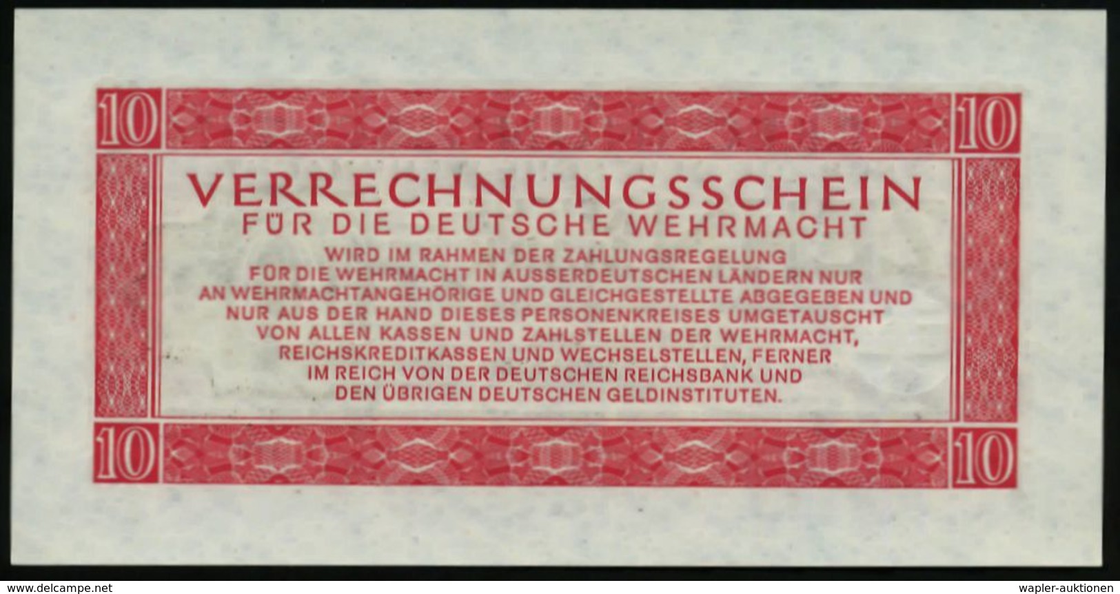 DEUTSCHES REICH 1944 (Sept.) Geldschein 10.- RM "VERRECHNUNGSSCHEIN FÜR DIE DEUTSCHE WEHRMACHT" , Bankfrisch - Tabak / T - Guerre Mondiale (Seconde)