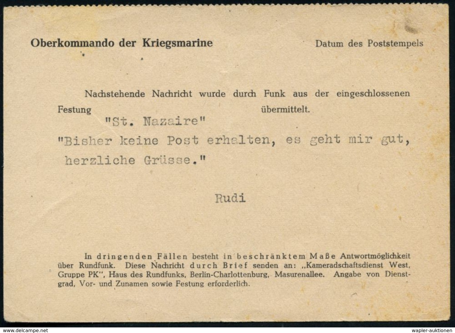 DEUTSCHES REICH 1944 (28.9.) Stummer 2K. = Tarnstempel, Feldpost-Vordr.-Karte: Oberkommando Der Kriegsmarine, Benachrich - Guerre Mondiale (Seconde)