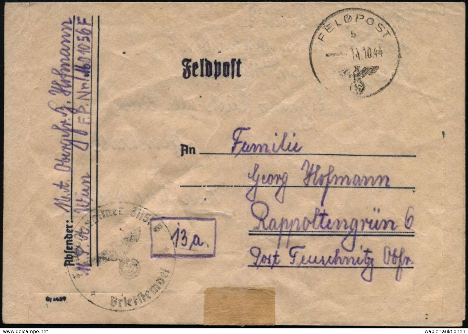 DEUTSCHES REICH 1944 (14.10.) 1K: FELDPOST/b/--- + Schw. 1K-HdN: Fp. Nr. 31 151 E = Stab Art. Rgt. 369 (kroatisch) + Hs. - Guerre Mondiale (Seconde)