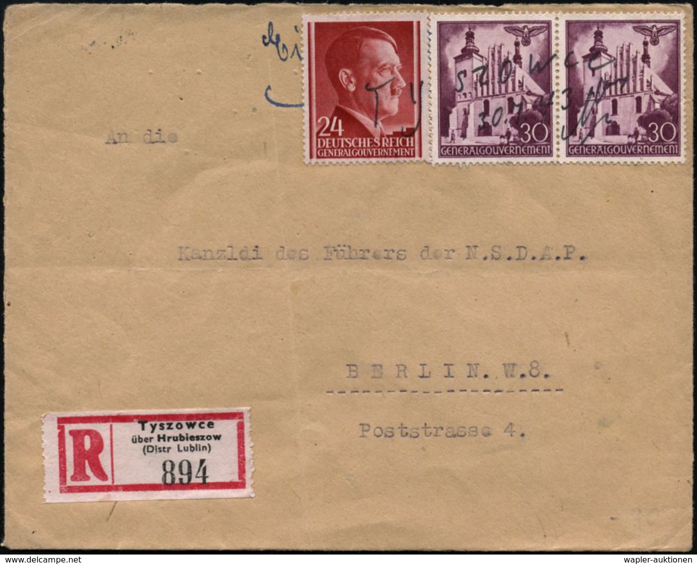 GENERALGOUVERNEMENT 1943 (30.7.) 30 Gr. Brigittenkirche, Paar U. 24 Pf. Hitler, Handschriftl. Entwertung "Tyszowce" + Da - Guerre Mondiale (Seconde)