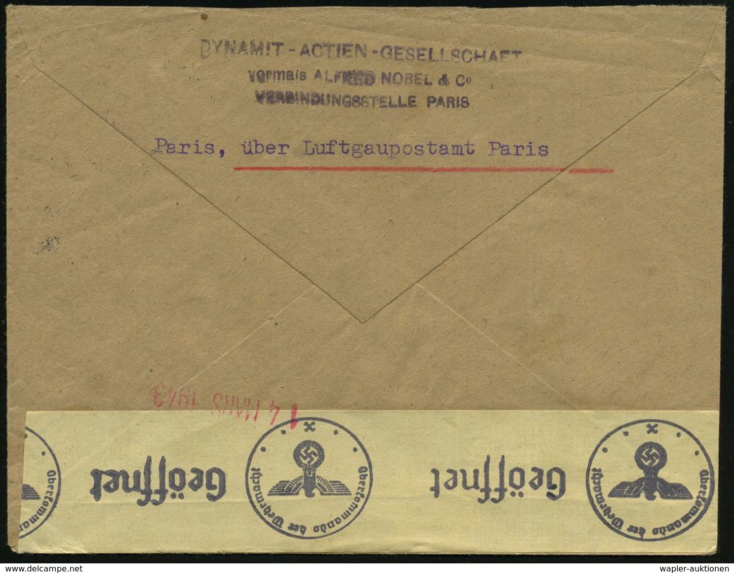 DT.BES.FRANKREICH 1943 (13.3.) 1K: FELDPOST/c/--- Auf EF 12 Pf. Hitler + Rs. Viol. 3L: DYNAMIT-ACTIEN-GES./vormals ALFRE - Guerre Mondiale (Seconde)