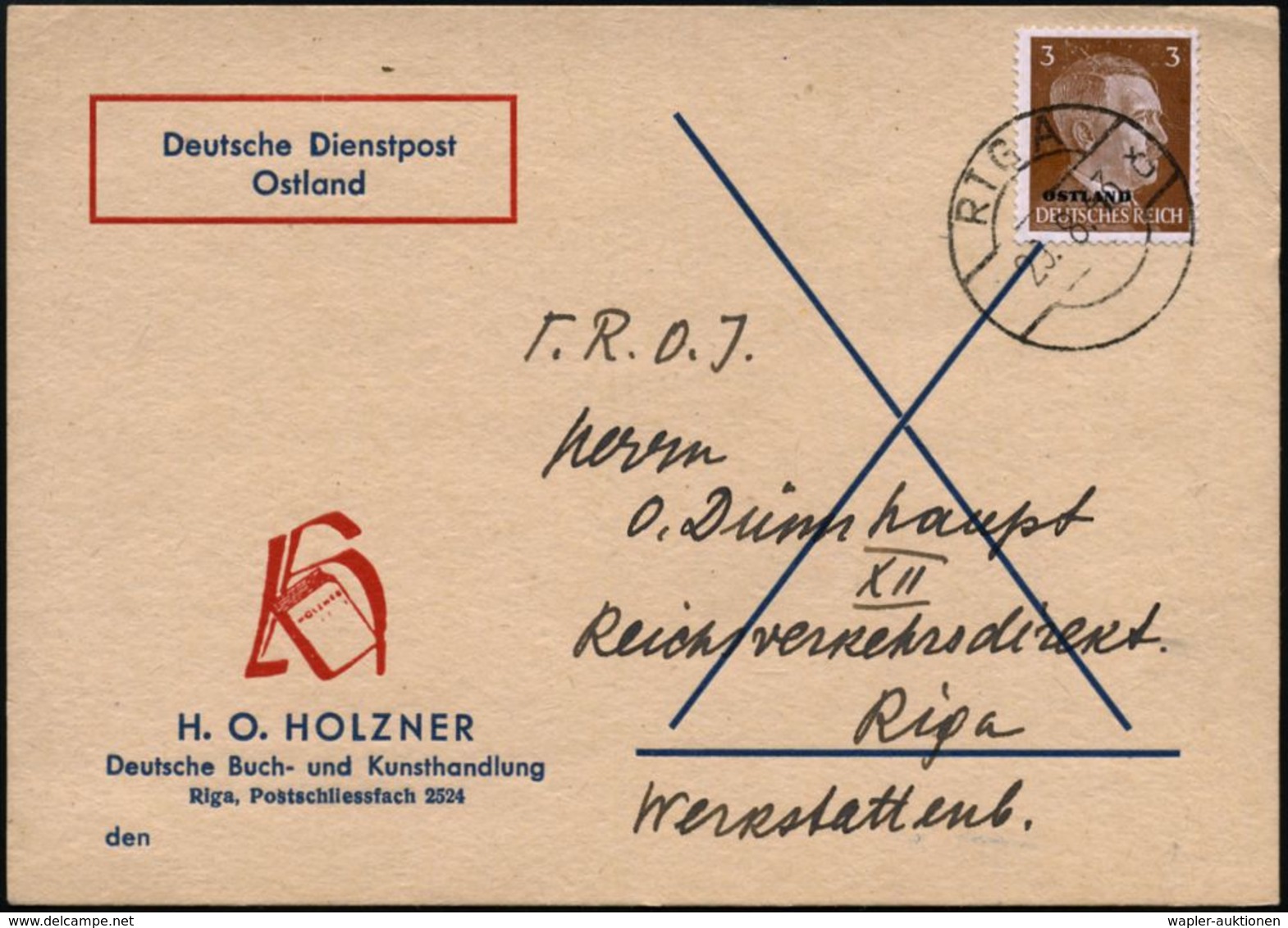 DT.BES.LETTLAND 1943 (29.8.) Aptierte, Lettische 1K-Brücke: RIGA/c, EF 3 Pf. Hitler , Firmen-Kt.: Deutsche Dienstpost Os - Guerre Mondiale (Seconde)