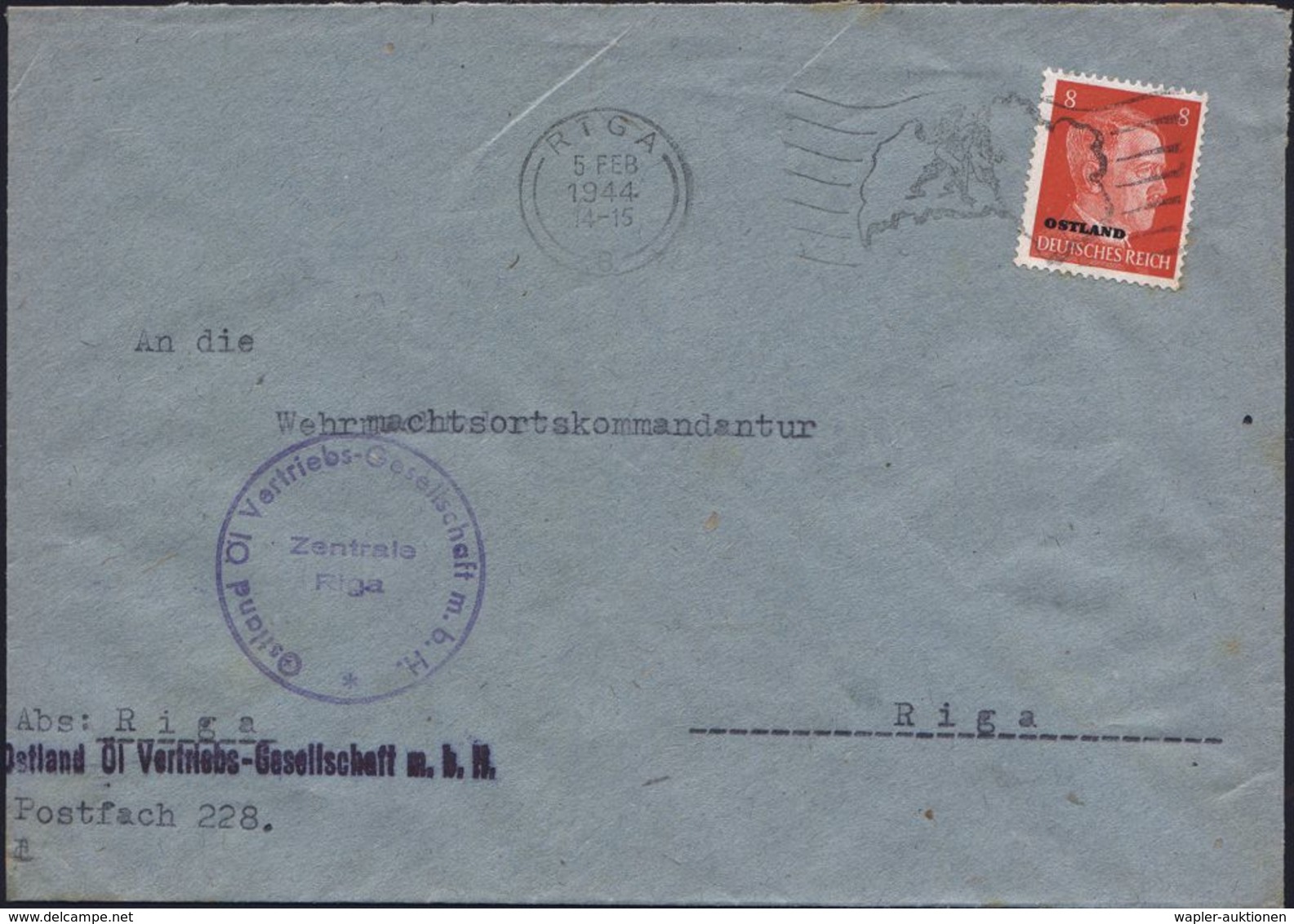 DT.BES.LETTLAND 1944 (5.2.) Seltener, Aptierter MWSt.: RIGA/B Ohne Text: 2 Wanderer Auf Landkarte, EF 8 Pf. Hitler (Mi.6 - Guerre Mondiale (Seconde)