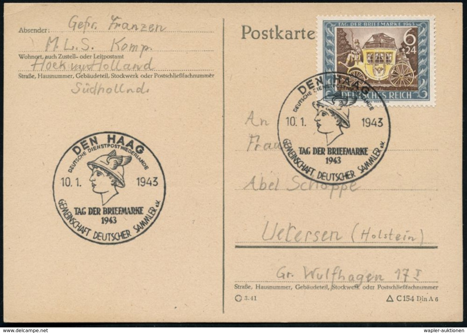 DT.BES.NIEDERLANDE 1943 (10.1.) SSt: DEN HAAG/DDNL/TAG DER BRIEFMARKE (Merkurkopf) Auf EF 6 + 24 Pf. "Tag Der Briefmarke - WW2