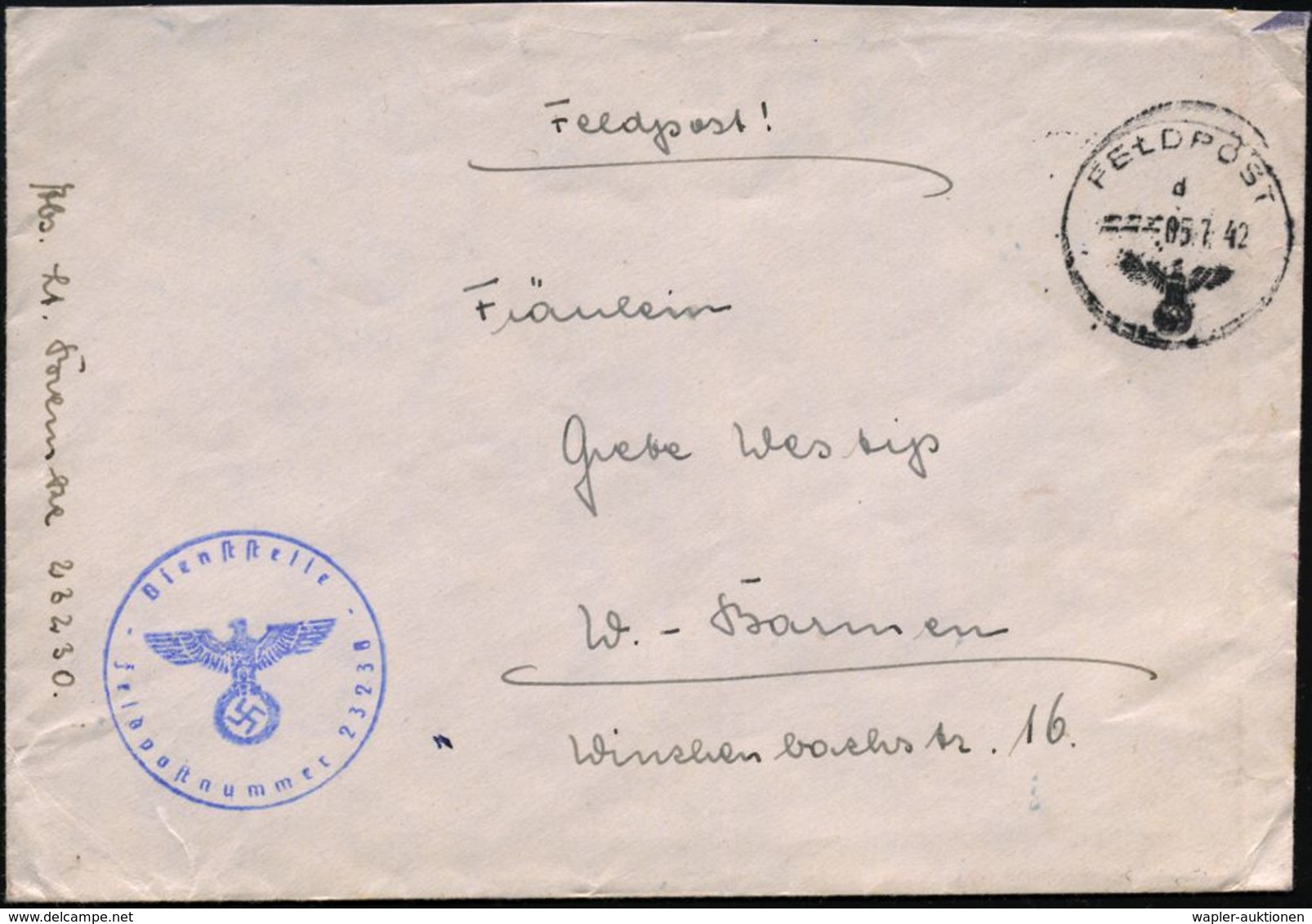 DT.BES.NORWEGEN 1942 (5.7.) 1K: FELDPOST/d/--- + Bl. 1K-HdN: Dienststelle/ Feldpostnummer 23 230 = Inf. Rgt. 159, Norweg - Guerre Mondiale (Seconde)