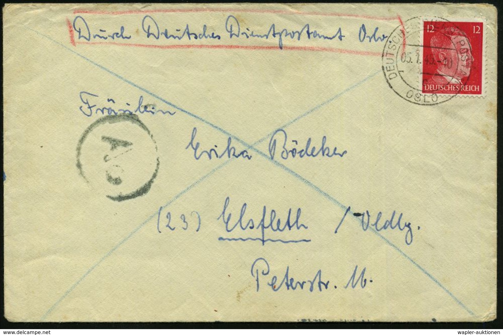 DT.BES.NORWEGEN 1945 (5.1.) 2K: DEUTSCHES DIENSTPOSTAMT/c/OSLO Auf EF 12 Pf. Hitler + Hs. Vermerk: "Durch Deutsches Dien - Guerre Mondiale (Seconde)