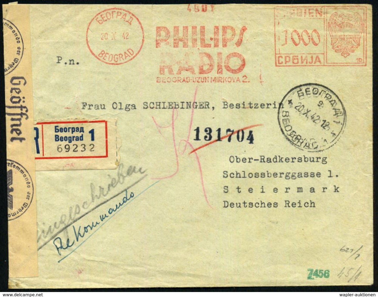 DT.BES.SERBIEN 1942 (20.X.) AFS Francotyp: SERBIEN/SERBIJA/ BEOGRAD/PHILIPS/RADIO.. Mit Kyrill. Landes- U. Ortsbezeichnu - WW2