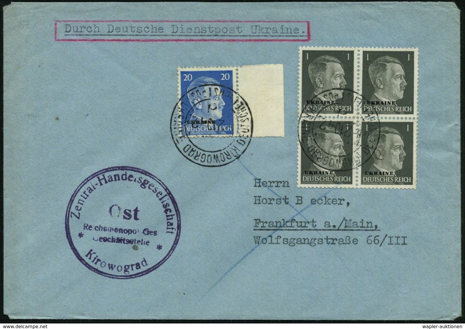 DT.BES.UKRAINE 1942 (10.2.) Aptierter, Sowjet. 2K-Stempel: KIROWOGRAD/d/DDPU + Viol. HdN: Zentral-Handelsges./Ost/ Reich - Guerre Mondiale (Seconde)