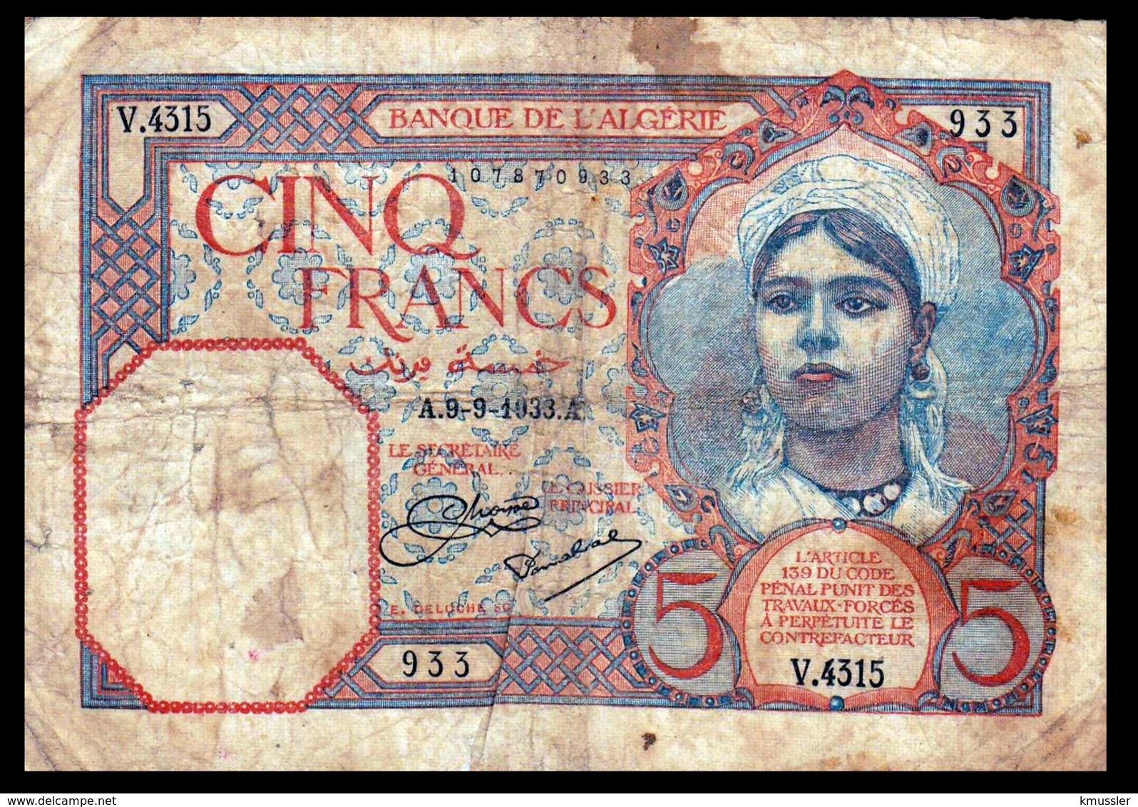 # # # Banknote Algerien (Algeria) 5 Francs 1933  # # # - Algerien