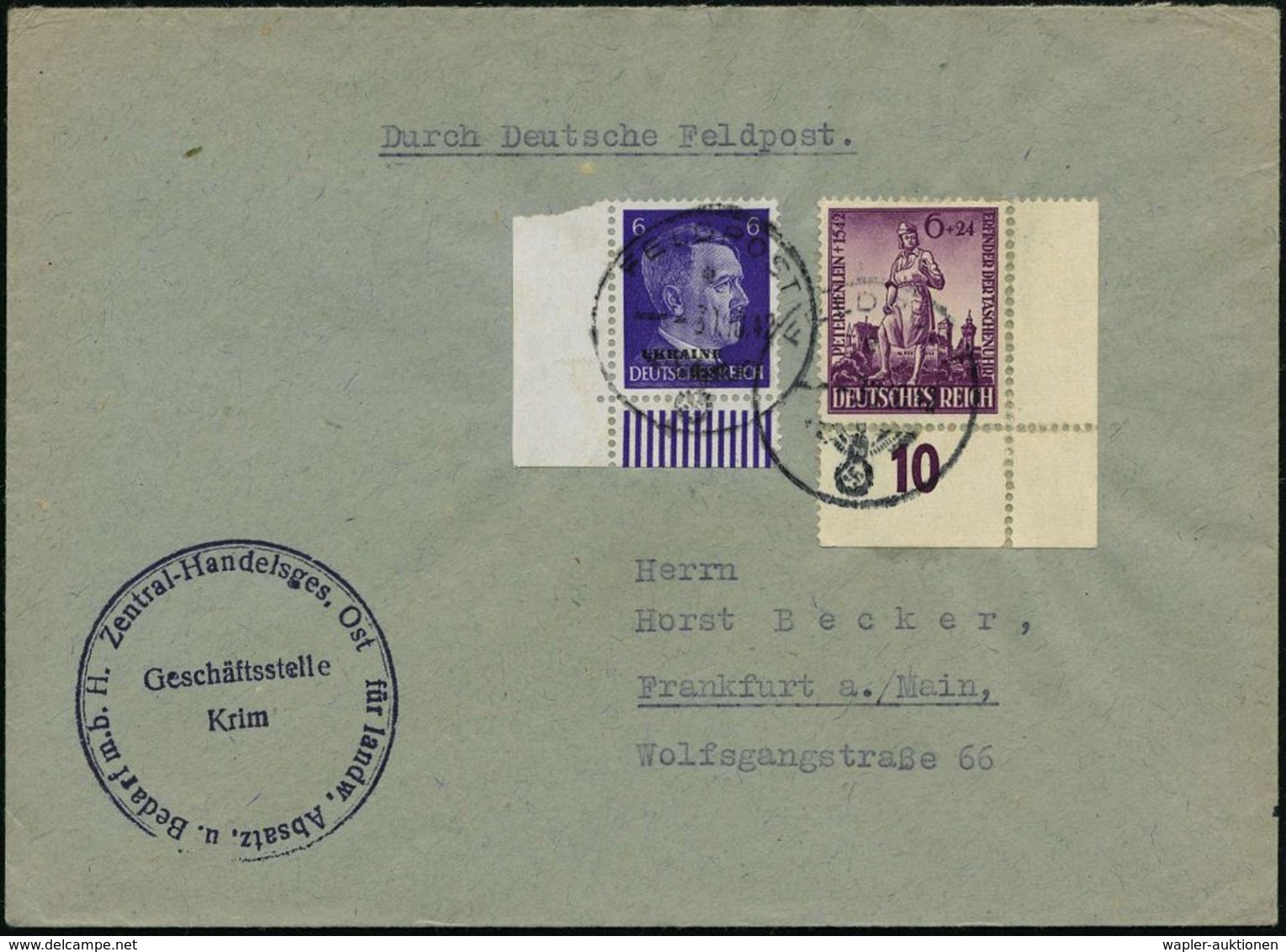 DT.BES.UKRAINE 1942 (31.10.) 1K. FELDPOST/c/--- Auf 6 Pf. Hitler Ukraine + DR 6 Pf.+ 24 Pf.Henlein (Mi.819) 2x (auch Rs. - WW2